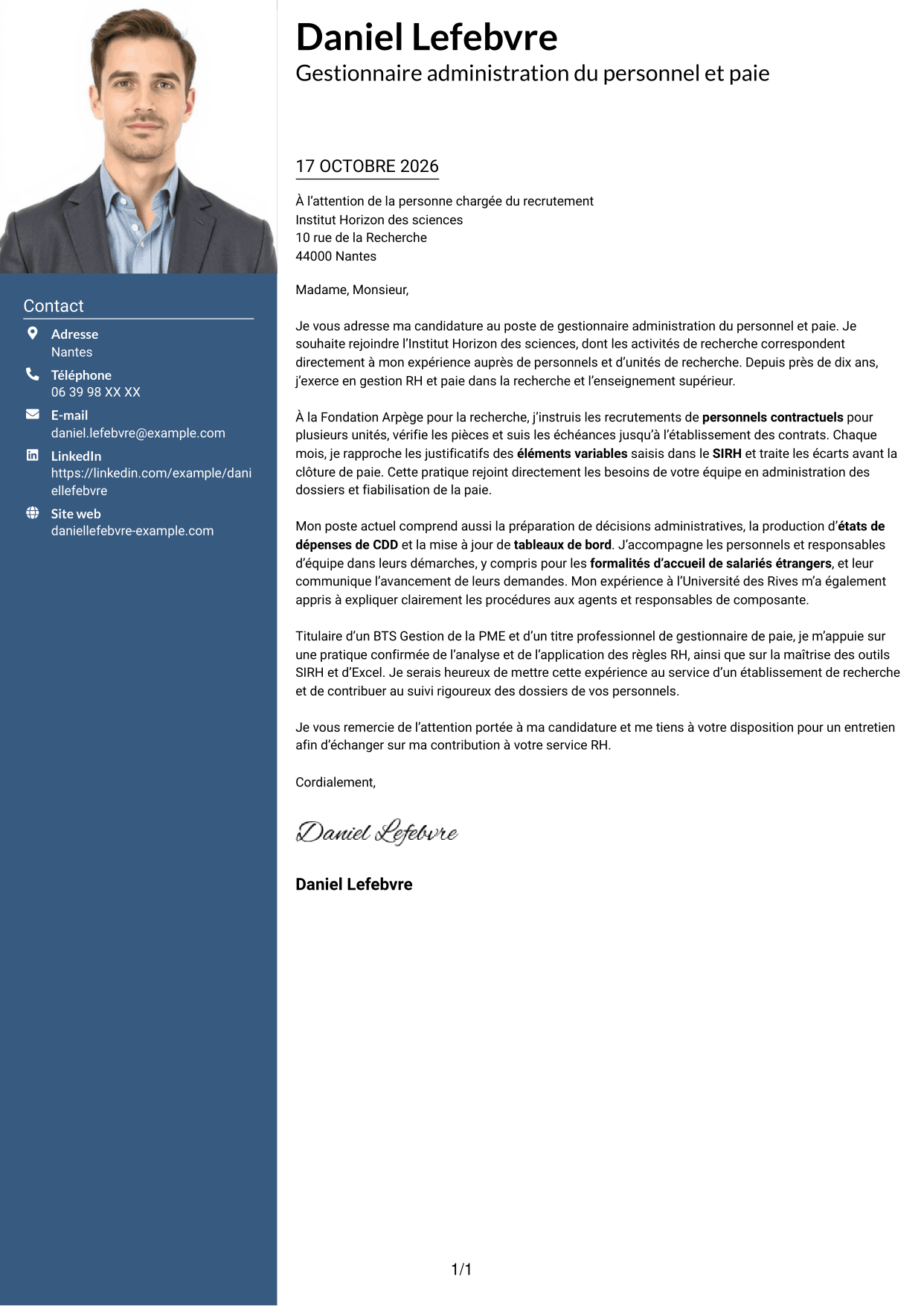 Lettre de motivation Signature (format à colonne latérale colorée avec grande photo) : Gestionnaire administration du personnel et paie - Recherche publique, page 1