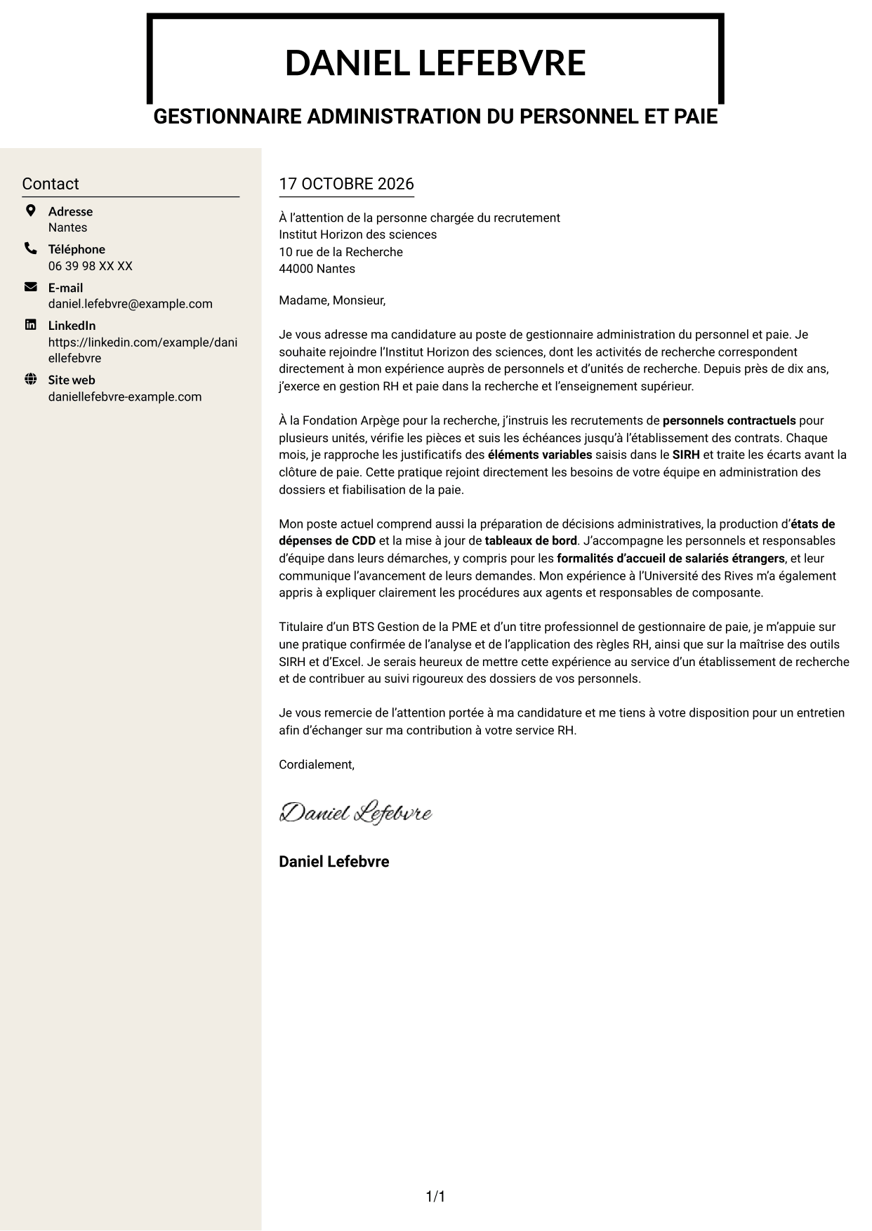 Lettre de motivation Fonceur (format à deux colonnes avec en-tête centré sans photo) : Gestionnaire administration du personnel et paie - Recherche publique, page 1