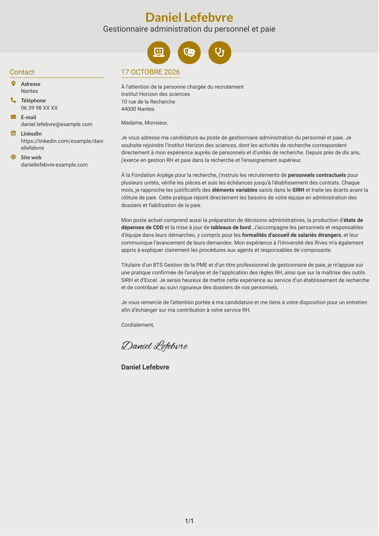 Lettre de motivation Dynamique (format à deux colonnes avec icônes) : Gestionnaire administration du personnel et paie - Recherche publique, page 1