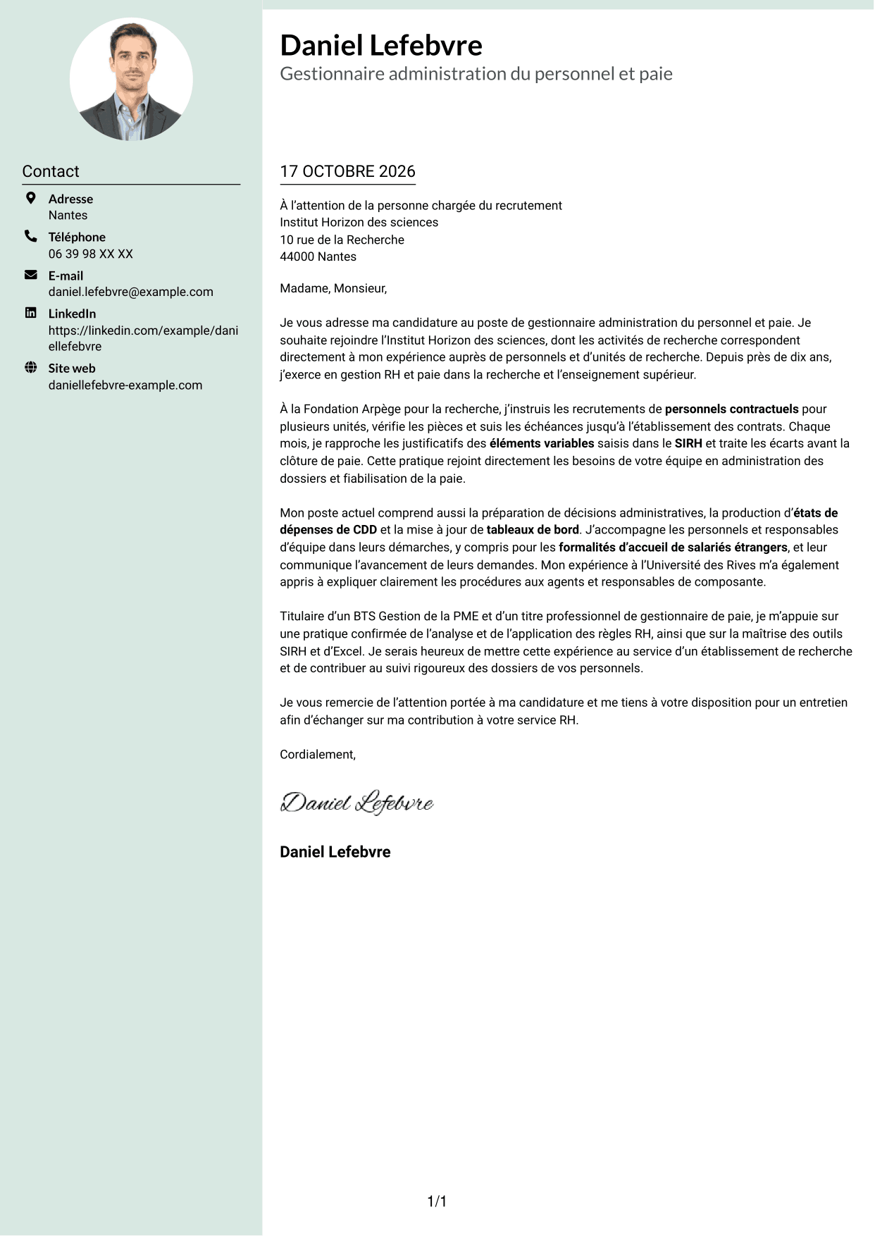 Lettre de motivation Cadre (format à colonne latérale douce avec photo arrondie) : Gestionnaire administration du personnel et paie - Recherche publique, page 1