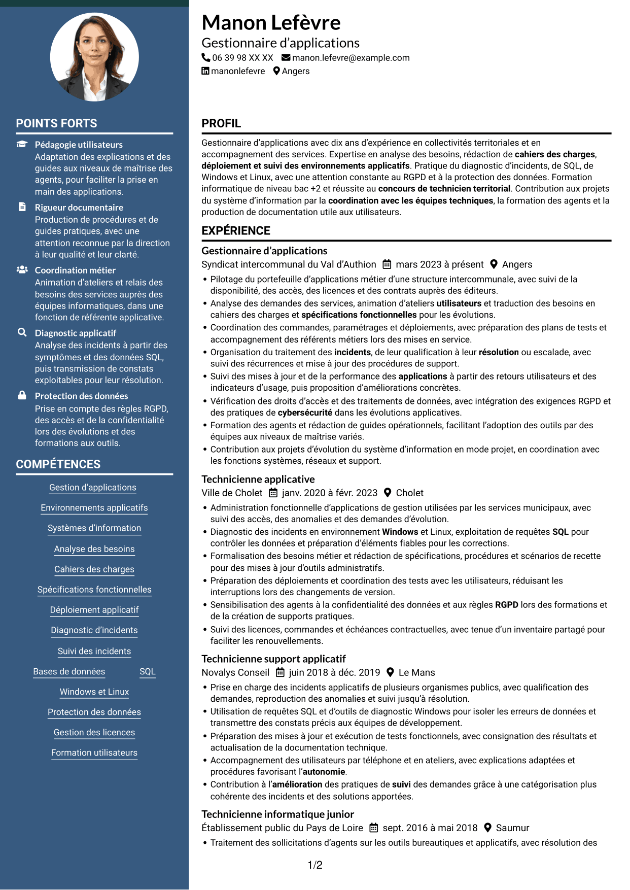 CV Élégant (format à colonne latérale colorée avec photo) : Gestionnaire d’applications - Applications des collectivités territoriales, page 1
