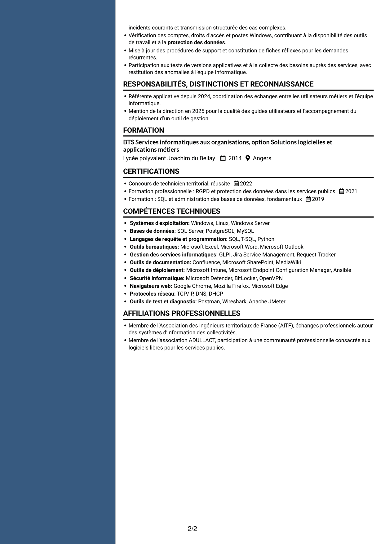 CV Élégant (format à colonne latérale colorée avec photo) : Gestionnaire d’applications - Applications des collectivités territoriales, page 2