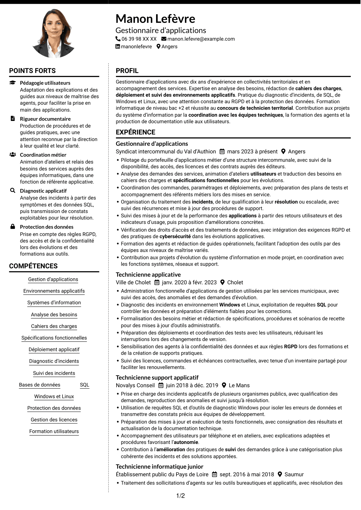 CV Moderne (format à deux colonnes avec photo à gauche et séparateur) : Gestionnaire d’applications - Applications des collectivités territoriales, page 1