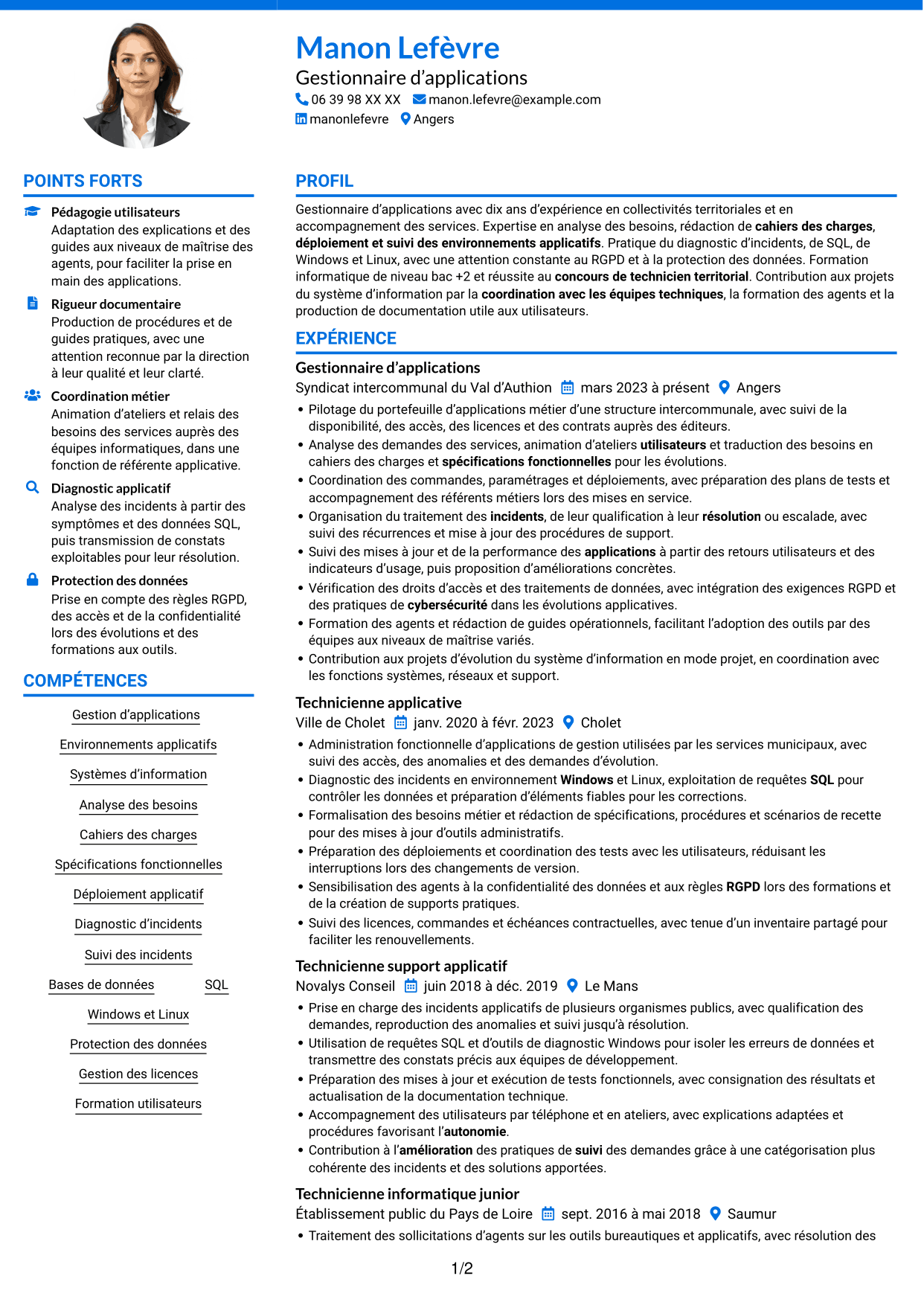 CV Audacieux (format à deux colonnes avec accents colorés et photo) : Gestionnaire d’applications - Applications des collectivités territoriales, page 1