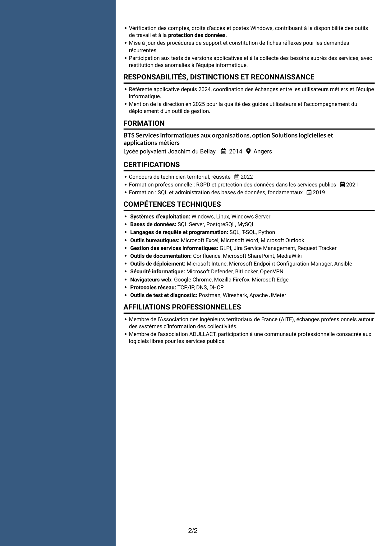 CV Signature (format à colonne latérale colorée avec grande photo) : Gestionnaire d’applications - Applications des collectivités territoriales, page 2