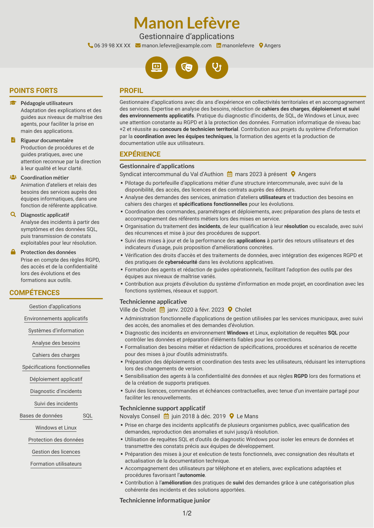 CV Dynamique (format à deux colonnes avec icônes) : Gestionnaire d’applications - Applications des collectivités territoriales, page 1