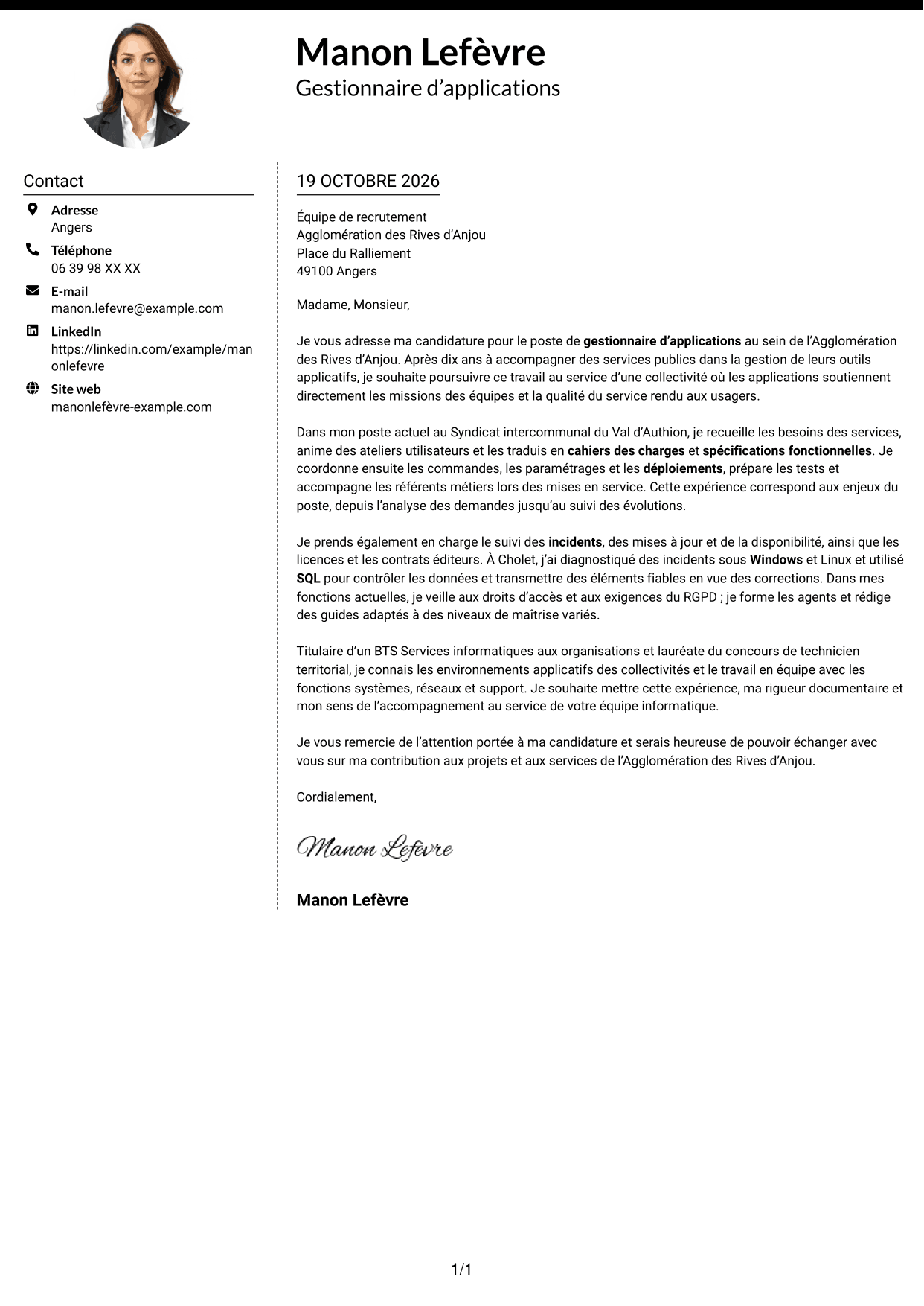 Lettre de motivation Moderne (format à deux colonnes avec photo à gauche et séparateur) : Gestionnaire d’applications - Applications des collectivités territoriales, page 1