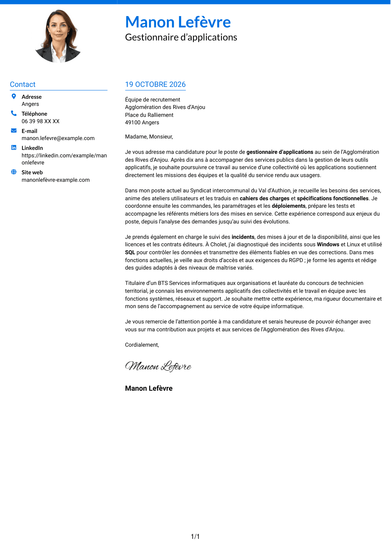 Lettre de motivation Audacieux (format à deux colonnes avec accents colorés et photo) : Gestionnaire d’applications - Applications des collectivités territoriales, page 1