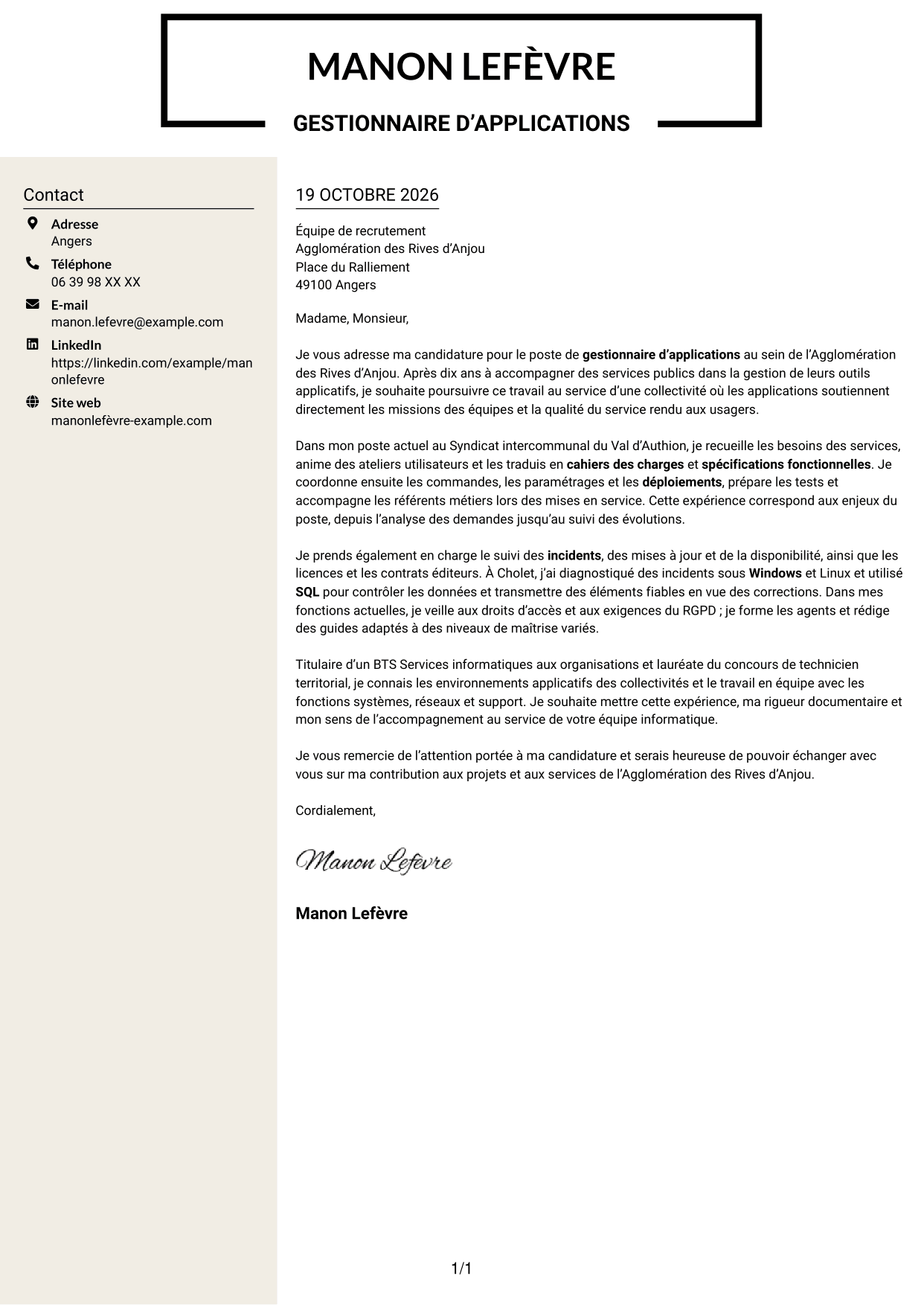 Lettre de motivation Fonceur (format à deux colonnes avec en-tête centré sans photo) : Gestionnaire d’applications - Applications des collectivités territoriales, page 1