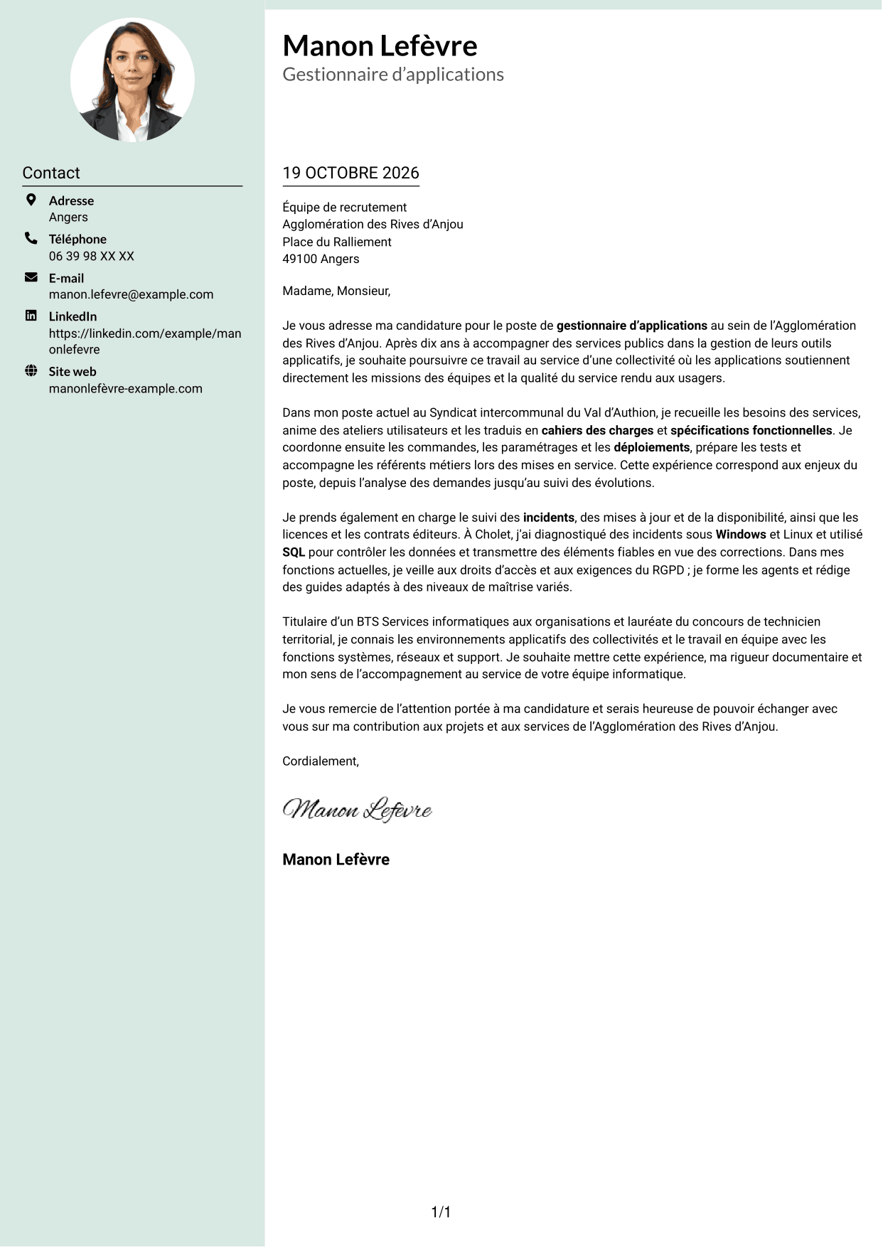 Lettre de motivation Cadre (format à colonne latérale douce avec photo arrondie) : Gestionnaire d’applications - Applications des collectivités territoriales, page 1