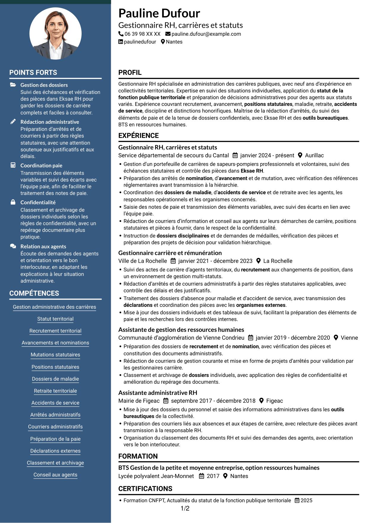 CV Élégant (format à colonne latérale colorée avec photo) : Gestionnaire de carrières RH - Fonction publique territoriale, page 1