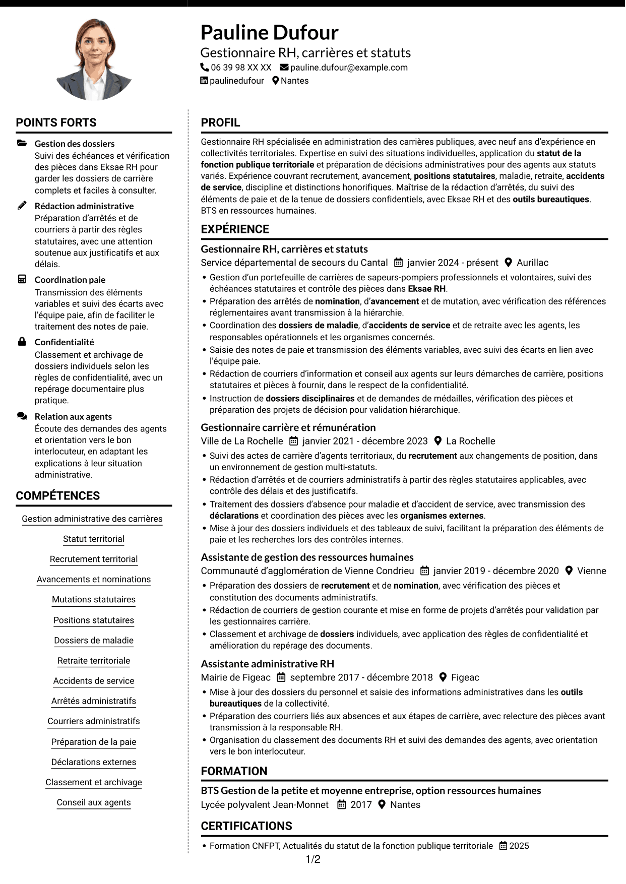 CV Moderne (format à deux colonnes avec photo à gauche et séparateur) : Gestionnaire de carrières RH - Fonction publique territoriale, page 1