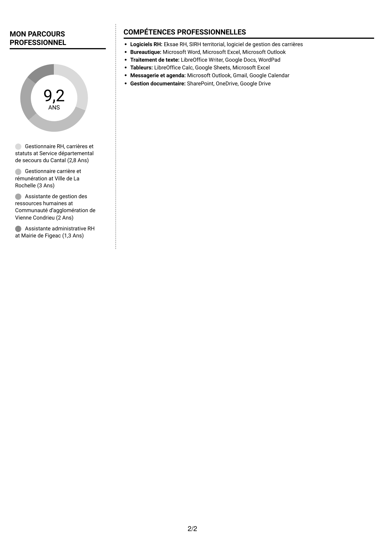 CV Moderne (format à deux colonnes avec photo à gauche et séparateur) : Gestionnaire de carrières RH - Fonction publique territoriale, page 2