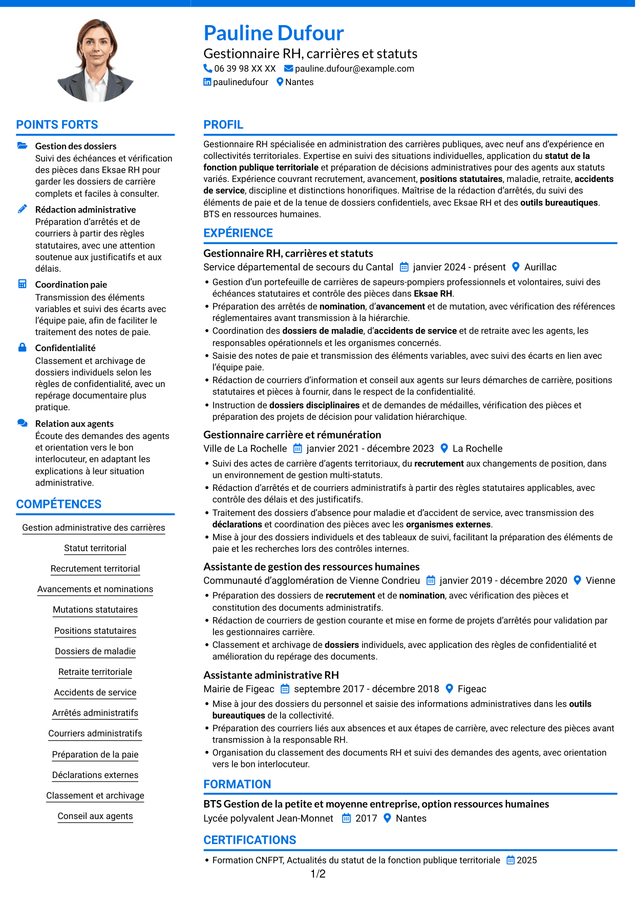 CV Audacieux (format à deux colonnes avec accents colorés et photo) : Gestionnaire de carrières RH - Fonction publique territoriale, page 1
