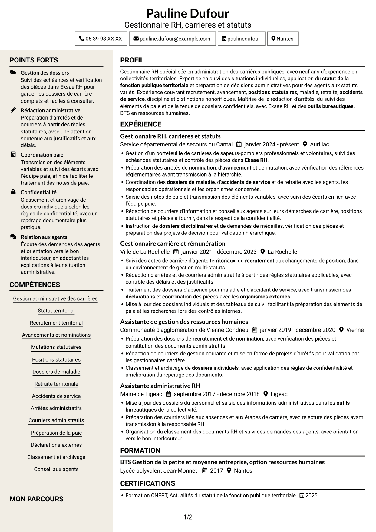 CV Fonceur (format à deux colonnes avec en-tête centré sans photo) : Gestionnaire de carrières RH - Fonction publique territoriale, page 1