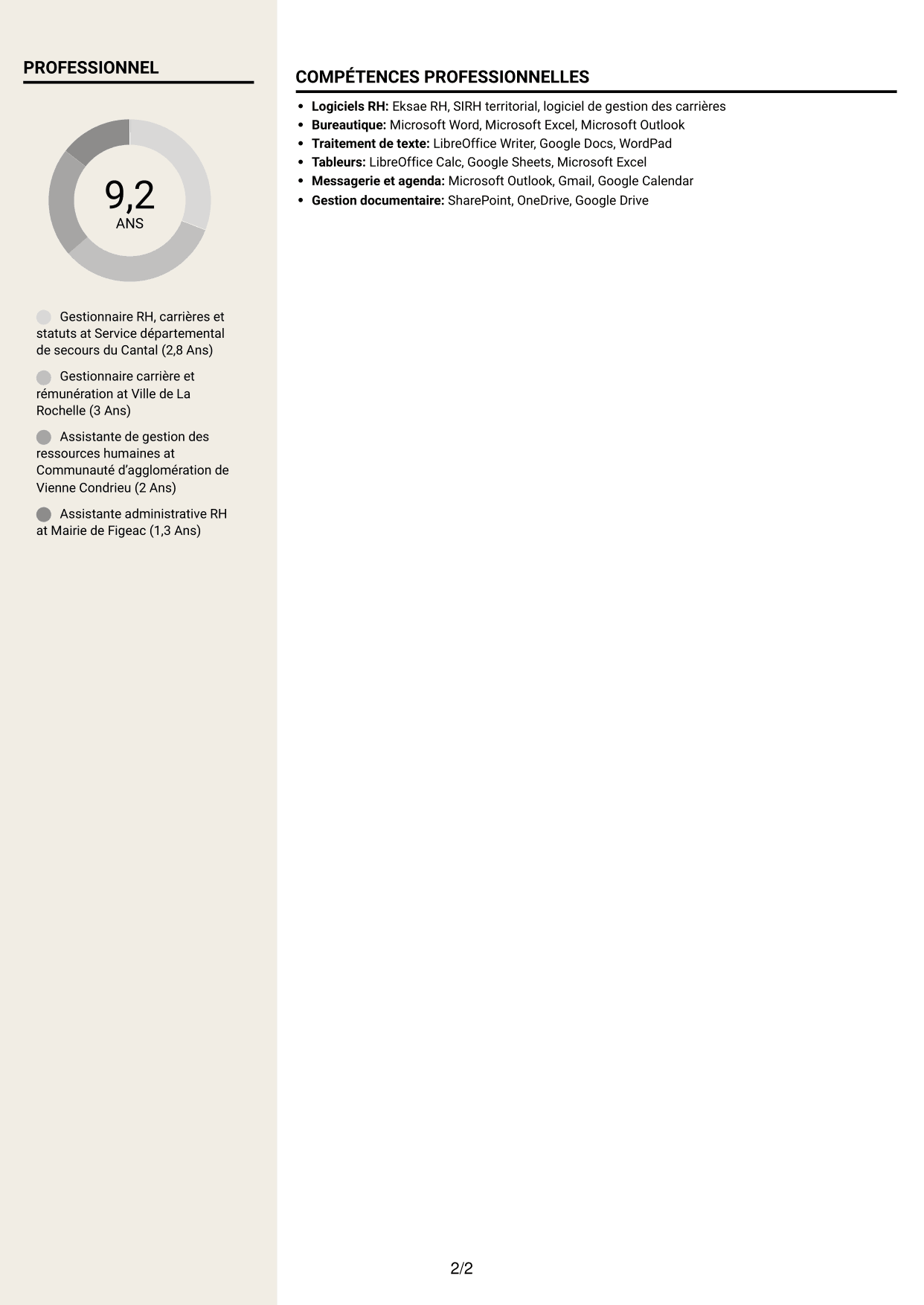 CV Fonceur (format à deux colonnes avec en-tête centré sans photo) : Gestionnaire de carrières RH - Fonction publique territoriale, page 2