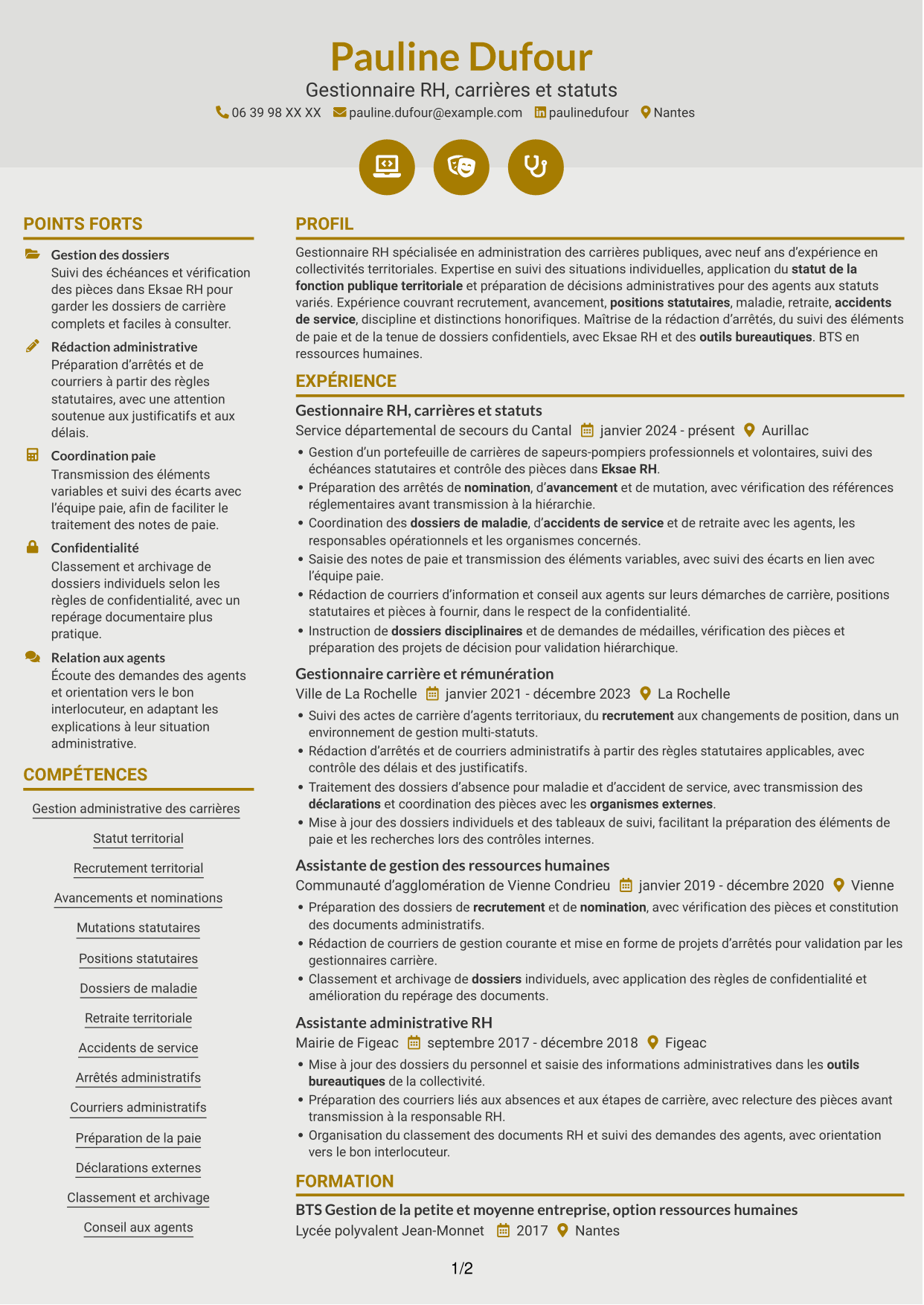 CV Dynamique (format à deux colonnes avec icônes) : Gestionnaire de carrières RH - Fonction publique territoriale, page 1