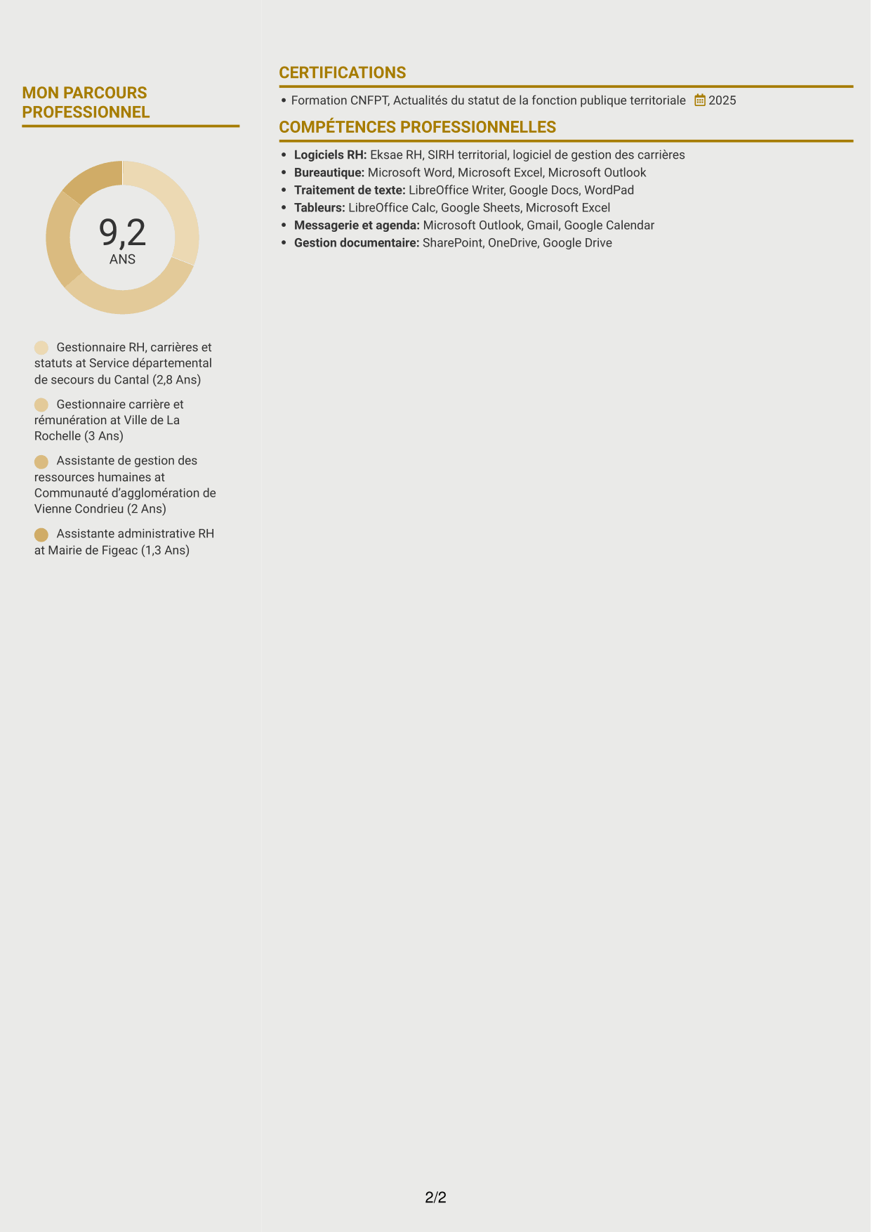 CV Dynamique (format à deux colonnes avec icônes) : Gestionnaire de carrières RH - Fonction publique territoriale, page 2