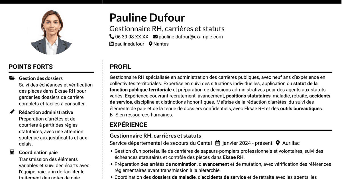 7 modèles de CV pour Gestionnaire de carrières RH - Fonction publique territoriale, avec exemples