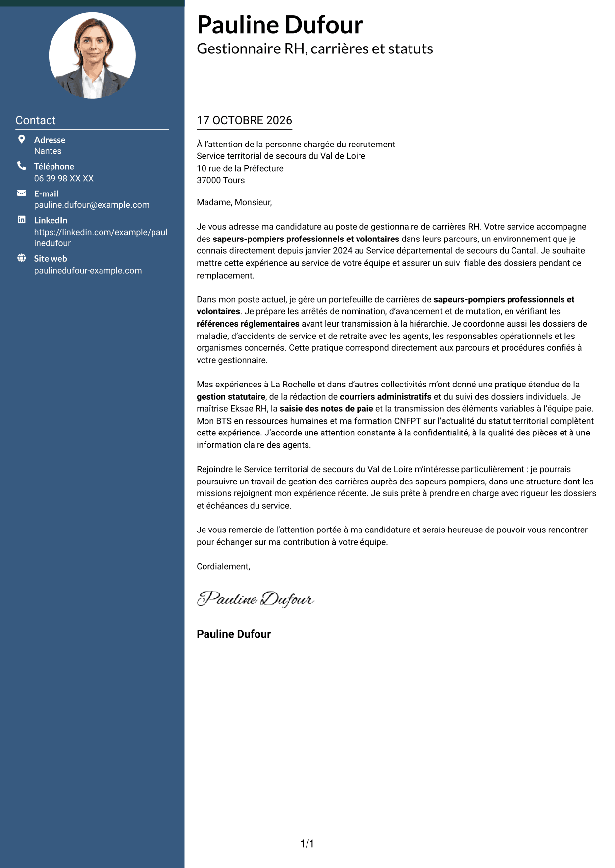 Lettre de motivation Élégant (format à colonne latérale colorée avec photo) : Gestionnaire de carrières RH - Fonction publique territoriale, page 1
