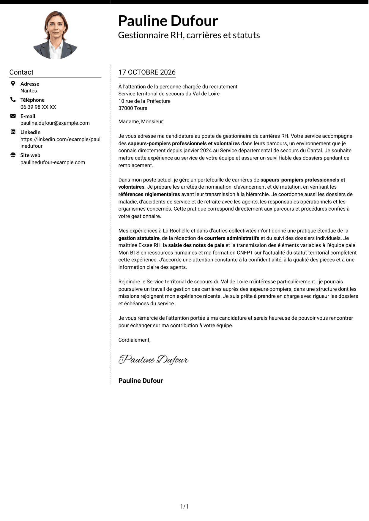Lettre de motivation Moderne (format à deux colonnes avec photo à gauche et séparateur) : Gestionnaire de carrières RH - Fonction publique territoriale, page 1