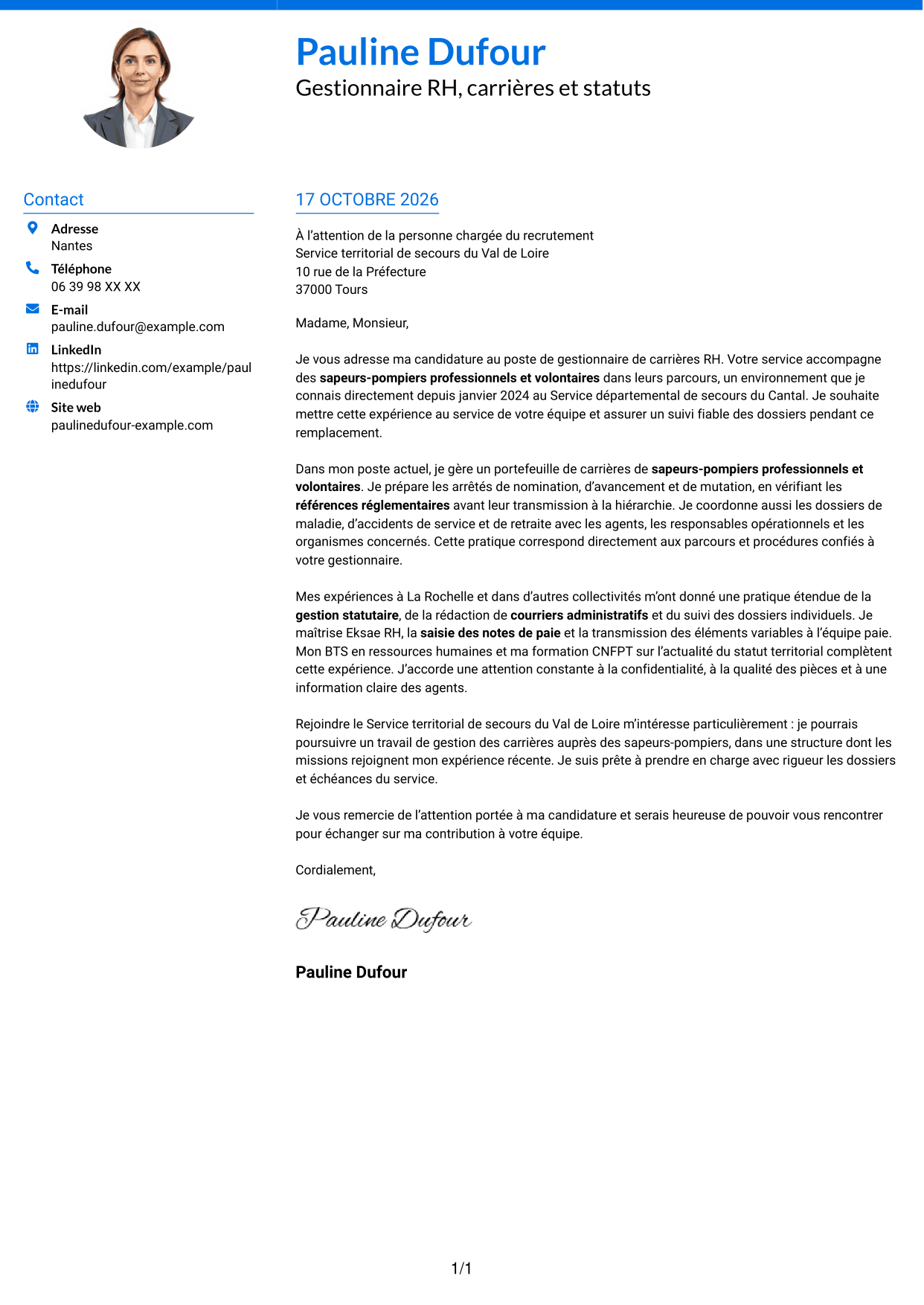 Lettre de motivation Audacieux (format à deux colonnes avec accents colorés et photo) : Gestionnaire de carrières RH - Fonction publique territoriale, page 1