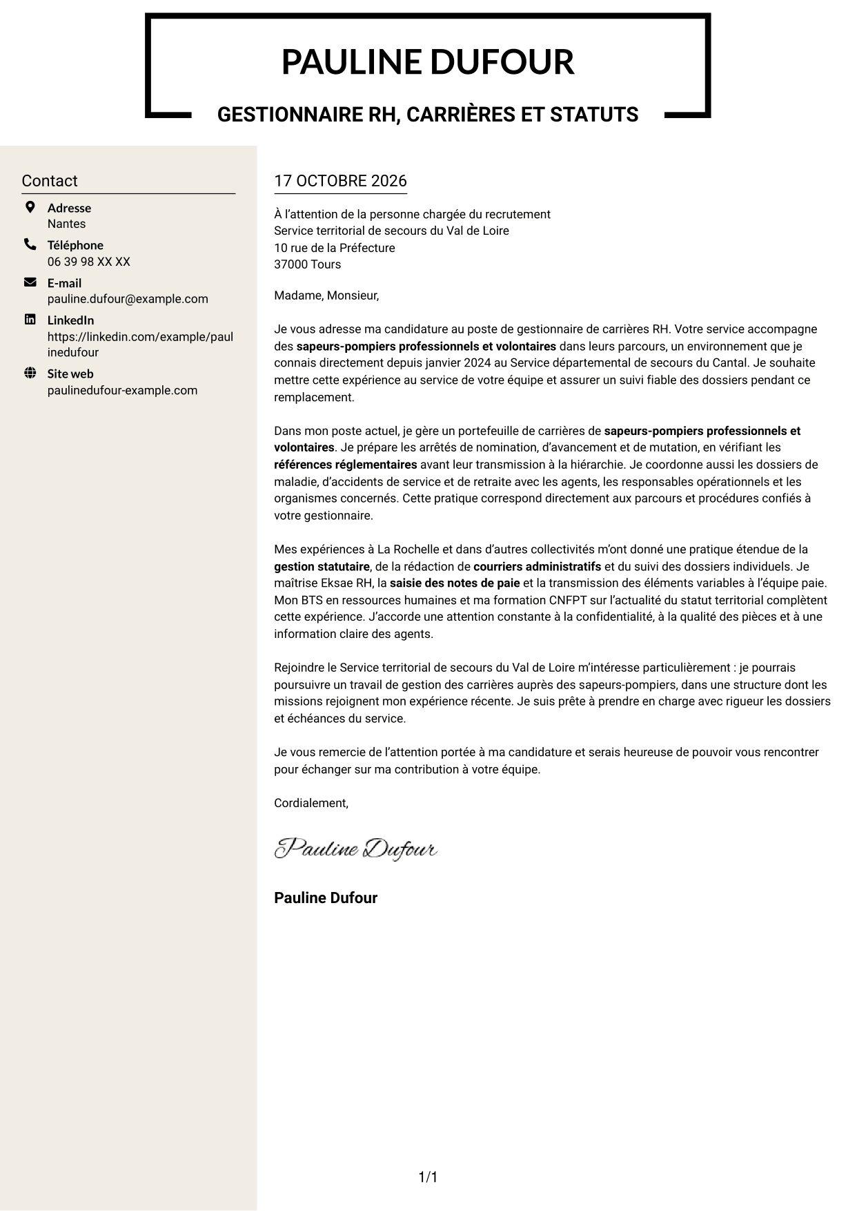 Lettre de motivation Fonceur (format à deux colonnes avec en-tête centré sans photo) : Gestionnaire de carrières RH - Fonction publique territoriale, page 1