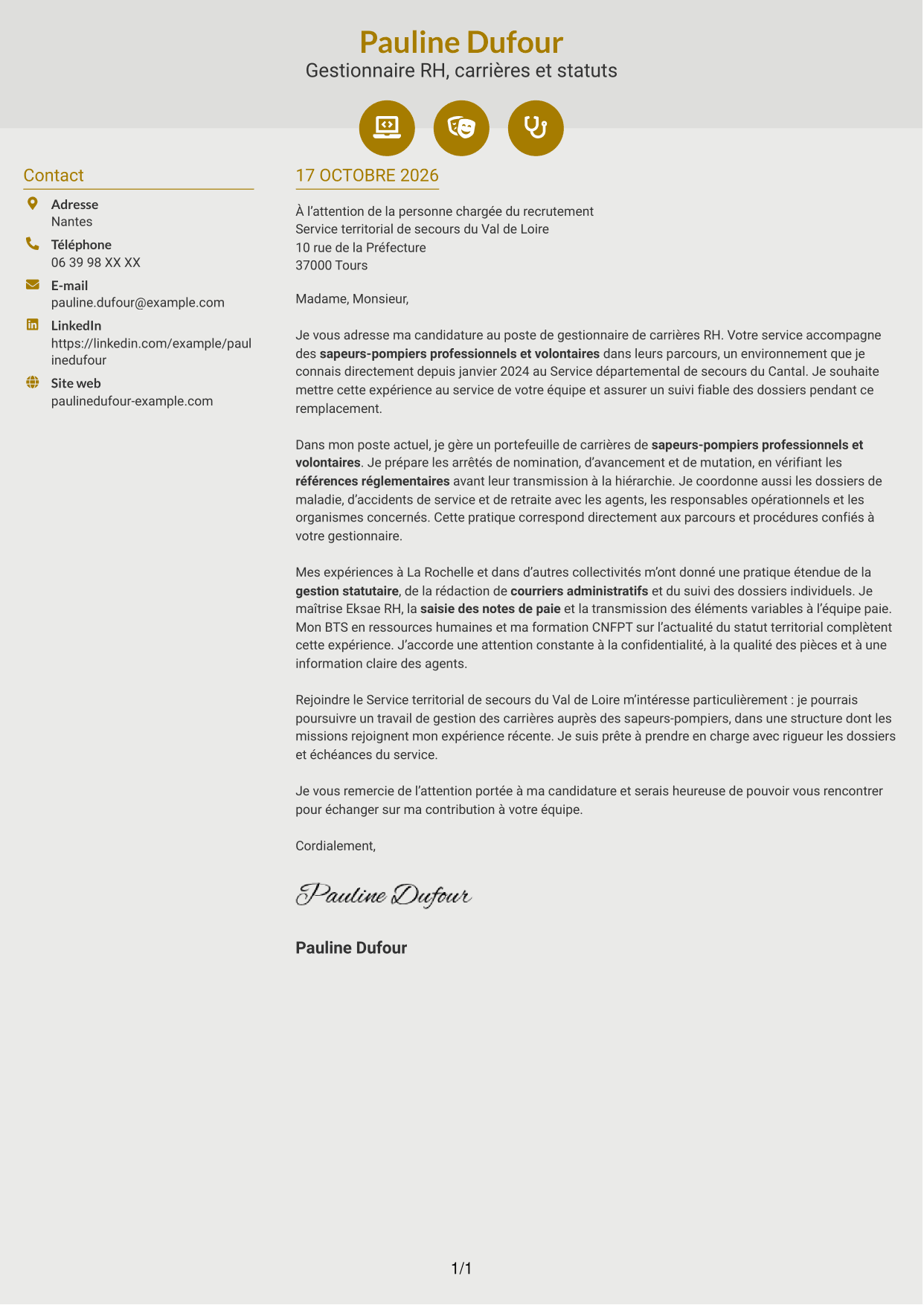 Lettre de motivation Dynamique (format à deux colonnes avec icônes) : Gestionnaire de carrières RH - Fonction publique territoriale, page 1