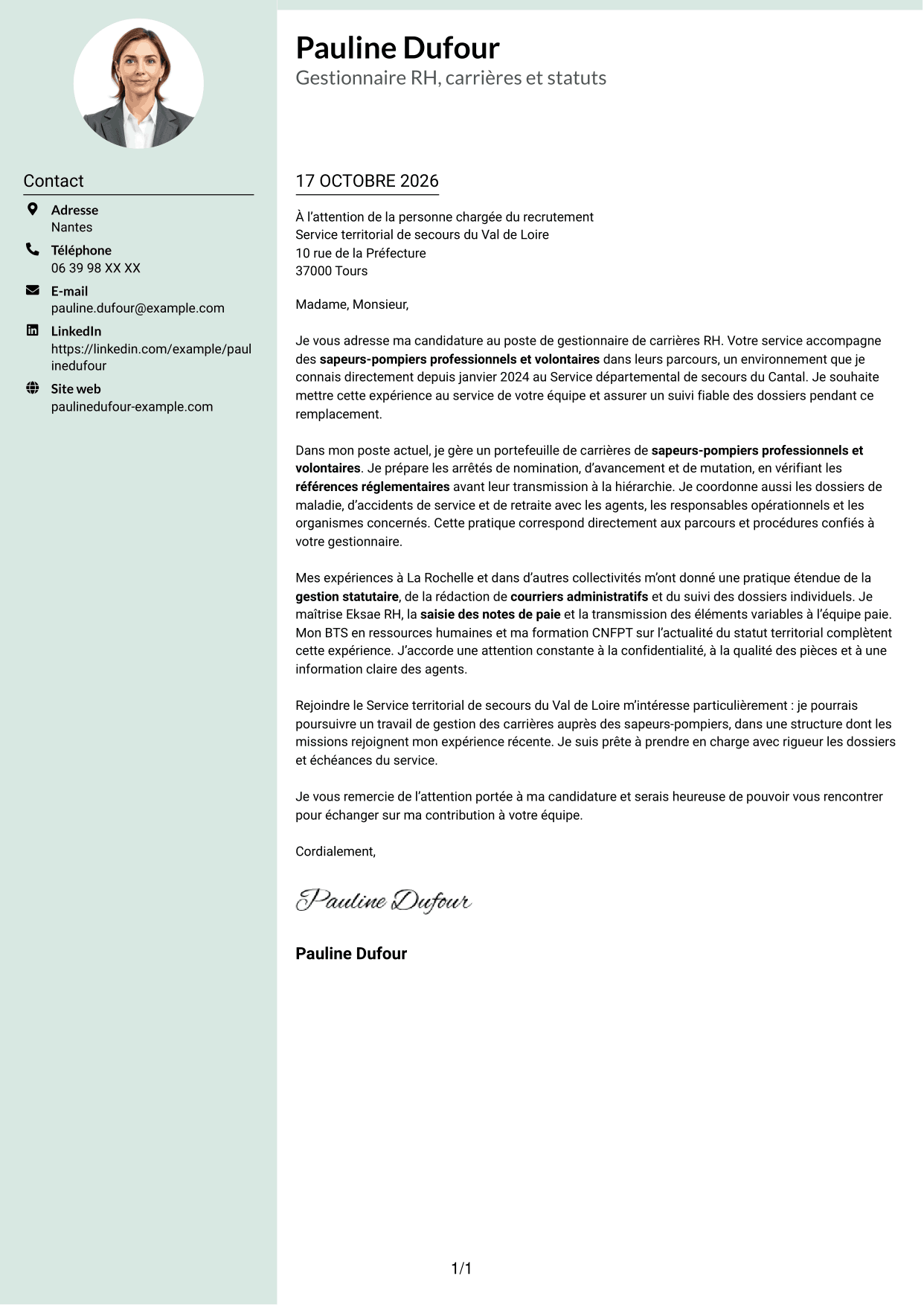 Lettre de motivation Cadre (format à colonne latérale douce avec photo arrondie) : Gestionnaire de carrières RH - Fonction publique territoriale, page 1