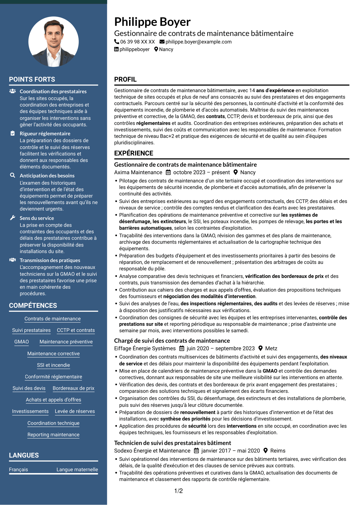 CV Élégant (format à colonne latérale colorée avec photo) : Gestionnaire de contrats de maintenance des bâtiments, page 1