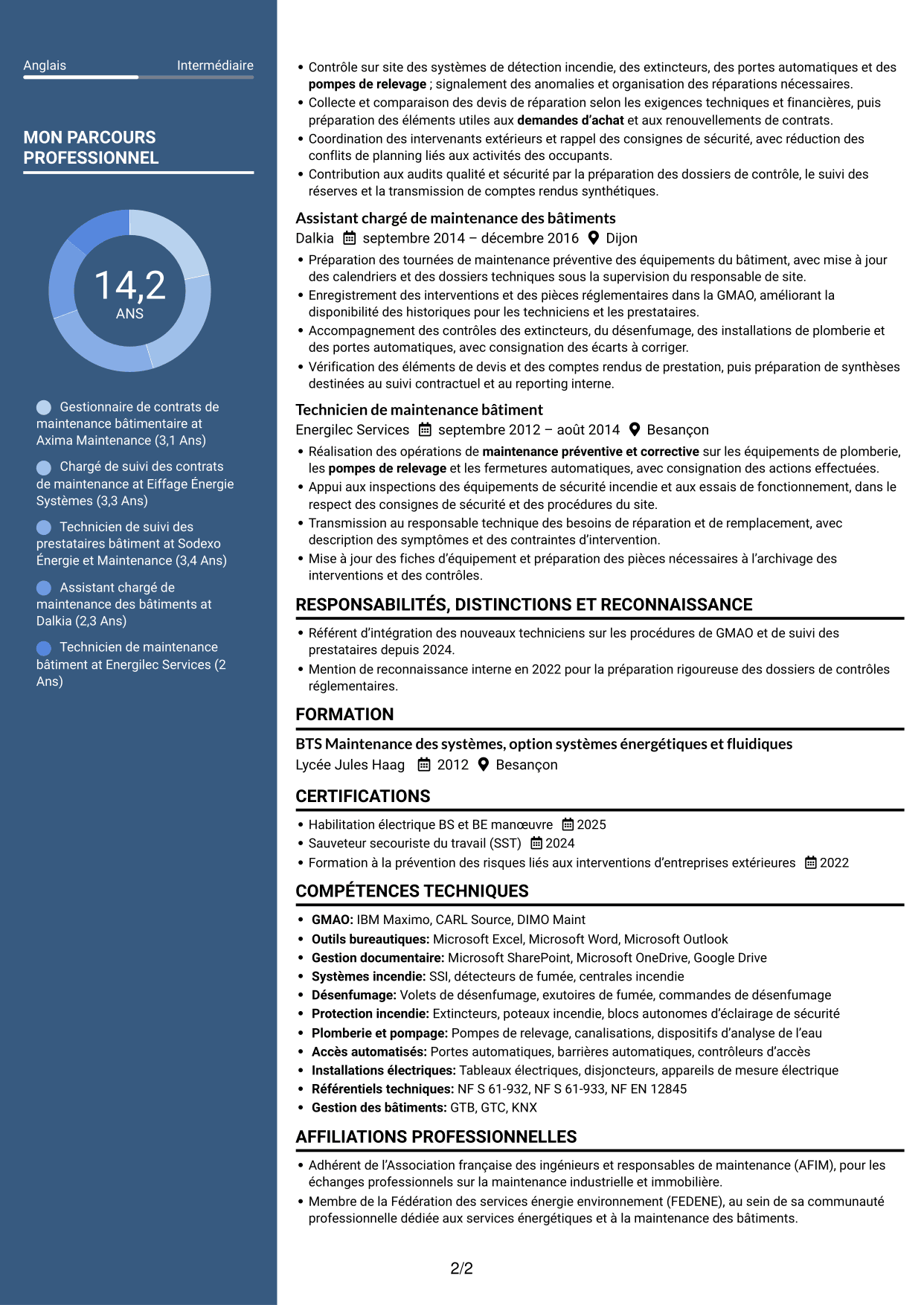 CV Élégant (format à colonne latérale colorée avec photo) : Gestionnaire de contrats de maintenance des bâtiments, page 2