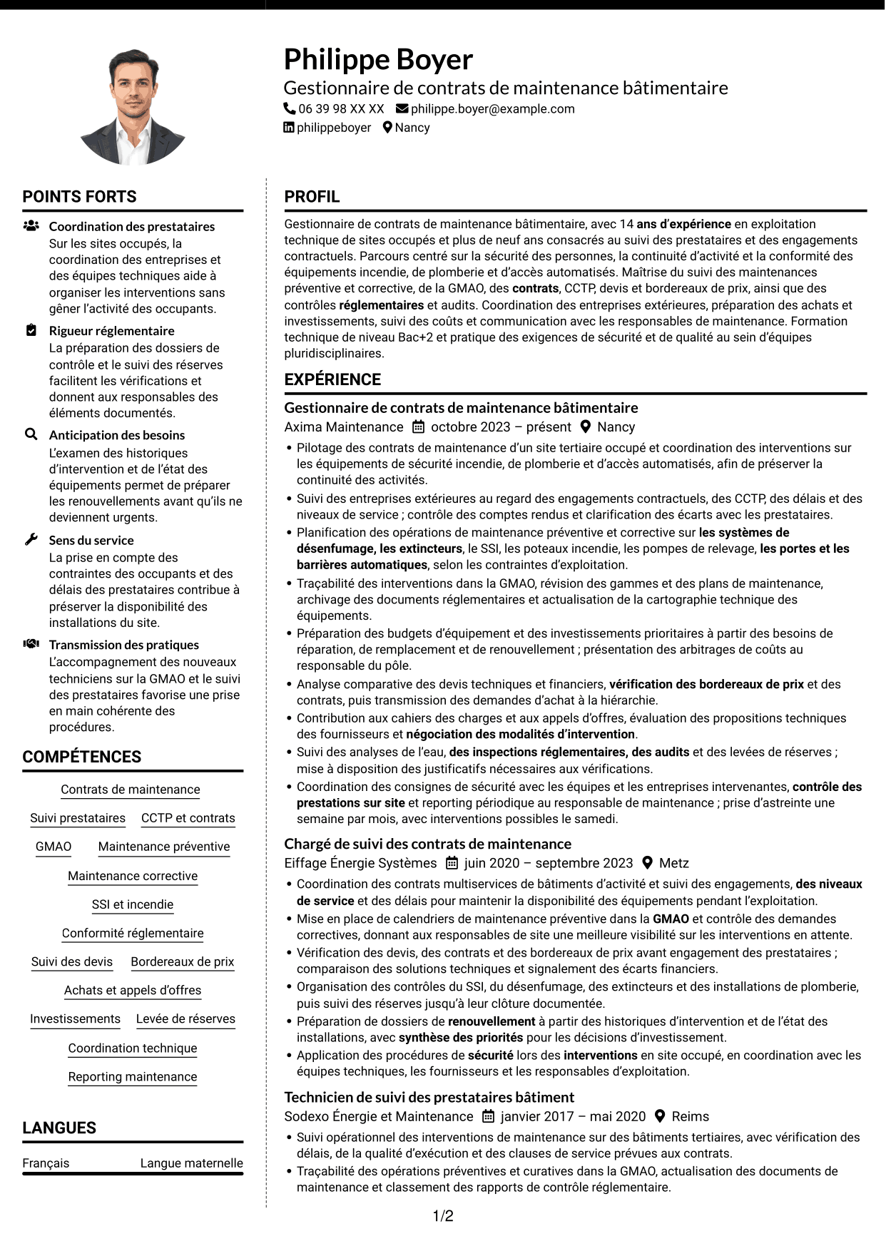 CV Moderne (format à deux colonnes avec photo à gauche et séparateur) : Gestionnaire de contrats de maintenance des bâtiments, page 1