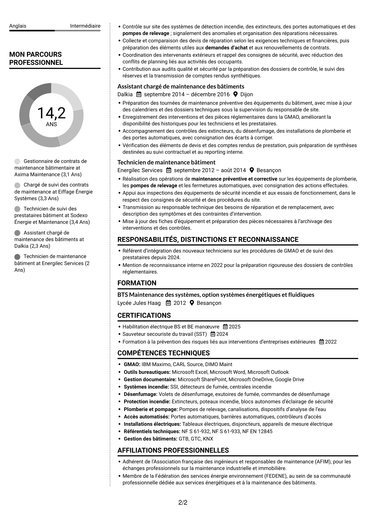 CV Moderne (format à deux colonnes avec photo à gauche et séparateur) : Gestionnaire de contrats de maintenance des bâtiments, page 2