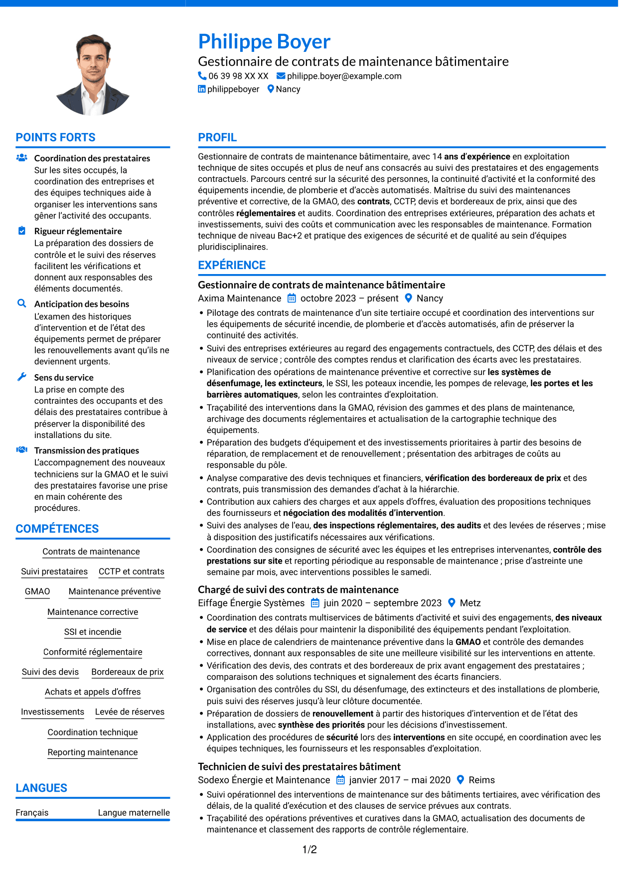 CV Audacieux (format à deux colonnes avec accents colorés et photo) : Gestionnaire de contrats de maintenance des bâtiments, page 1