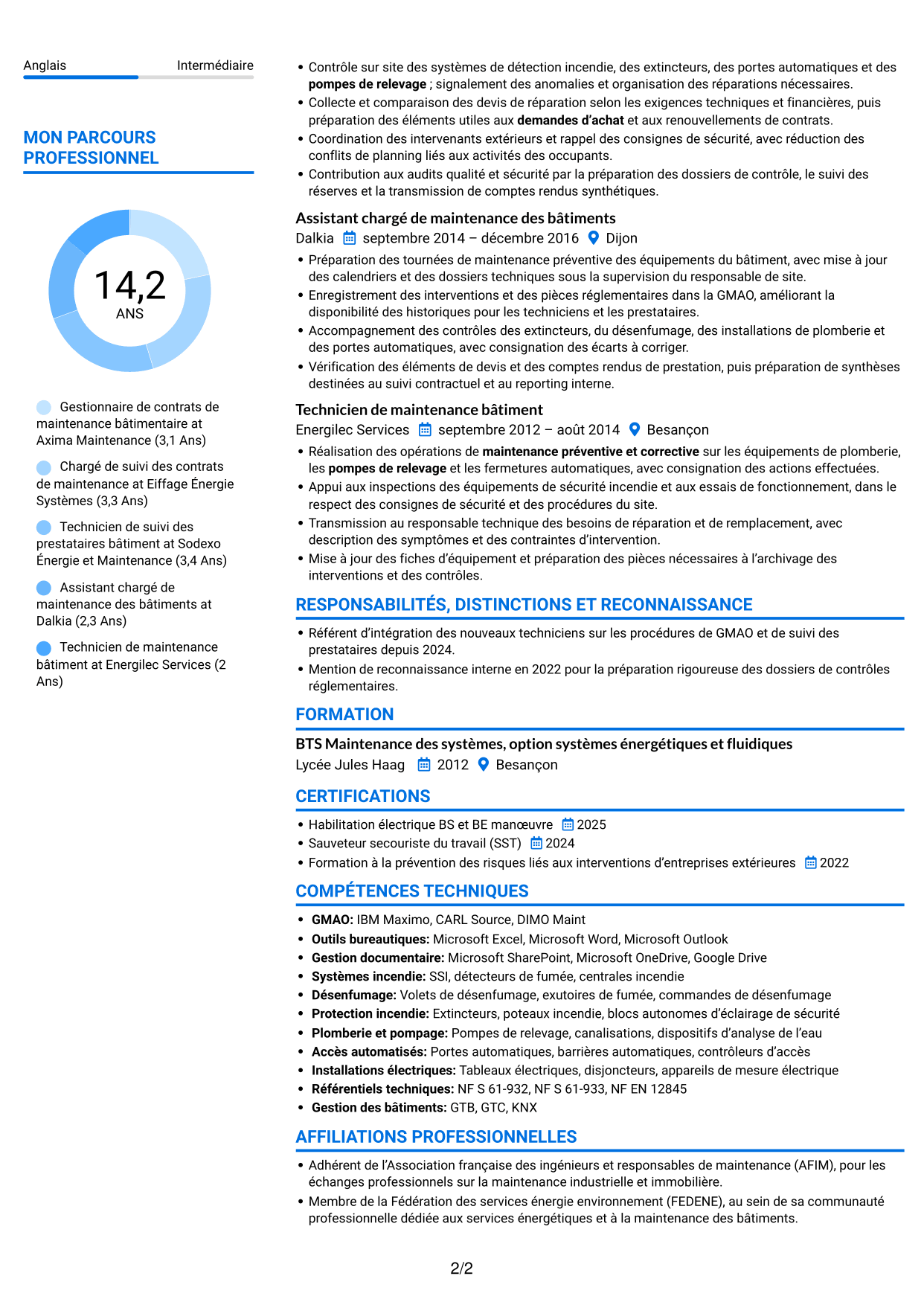 CV Audacieux (format à deux colonnes avec accents colorés et photo) : Gestionnaire de contrats de maintenance des bâtiments, page 2