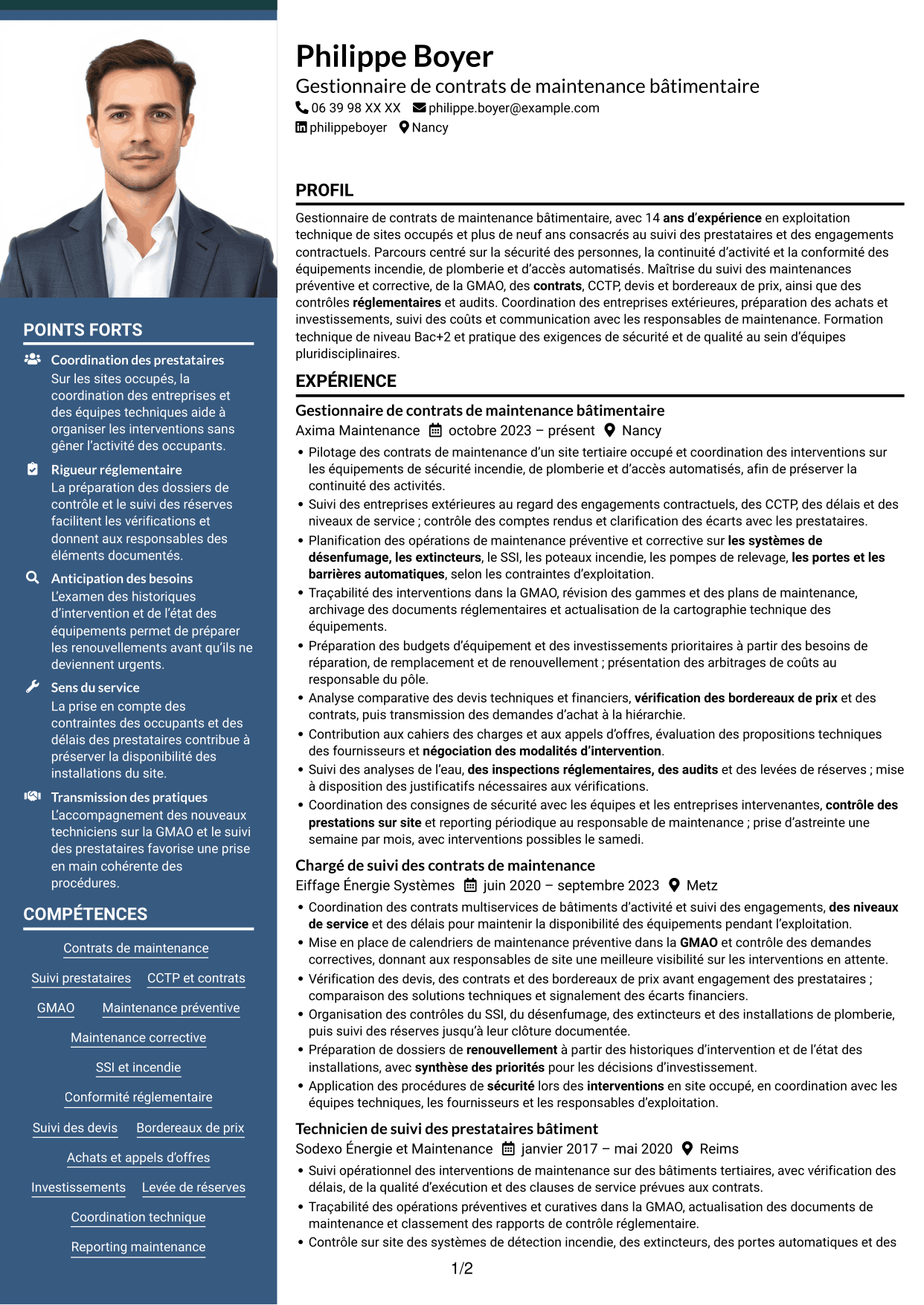 CV Signature (format à colonne latérale colorée avec grande photo) : Gestionnaire de contrats de maintenance des bâtiments, page 1