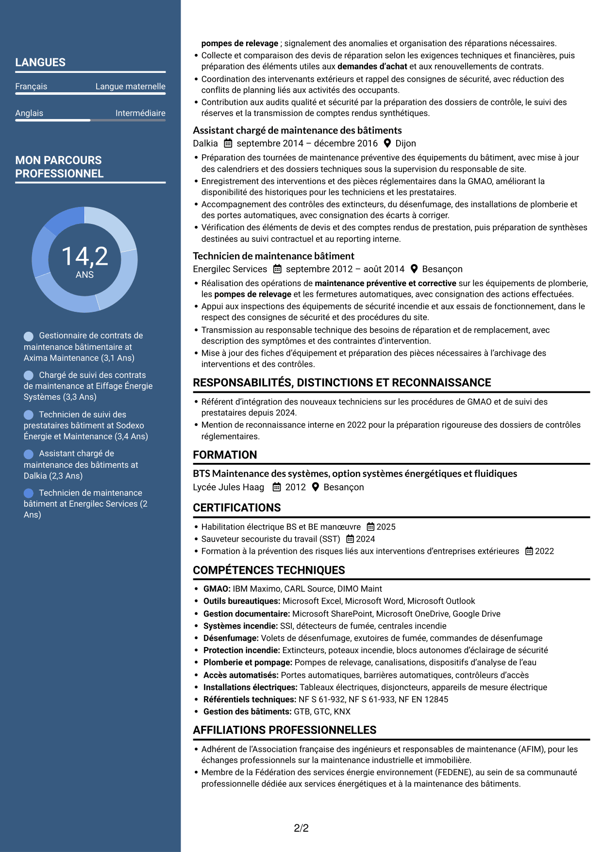CV Signature (format à colonne latérale colorée avec grande photo) : Gestionnaire de contrats de maintenance des bâtiments, page 2