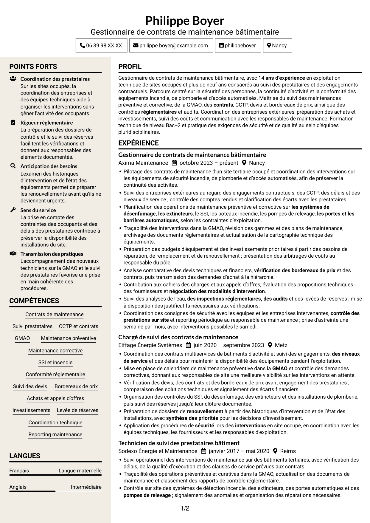 CV Fonceur (format à deux colonnes avec en-tête centré sans photo) : Gestionnaire de contrats de maintenance des bâtiments, page 1