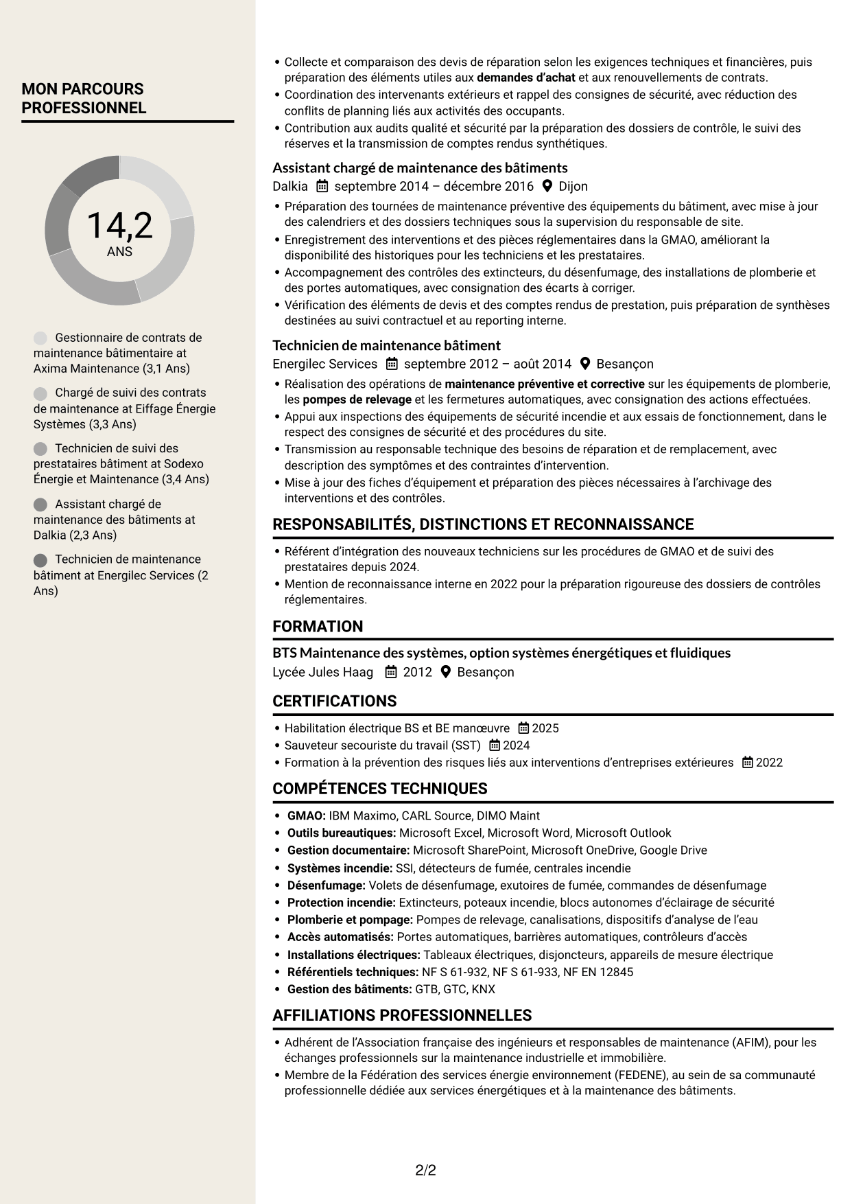 CV Fonceur (format à deux colonnes avec en-tête centré sans photo) : Gestionnaire de contrats de maintenance des bâtiments, page 2