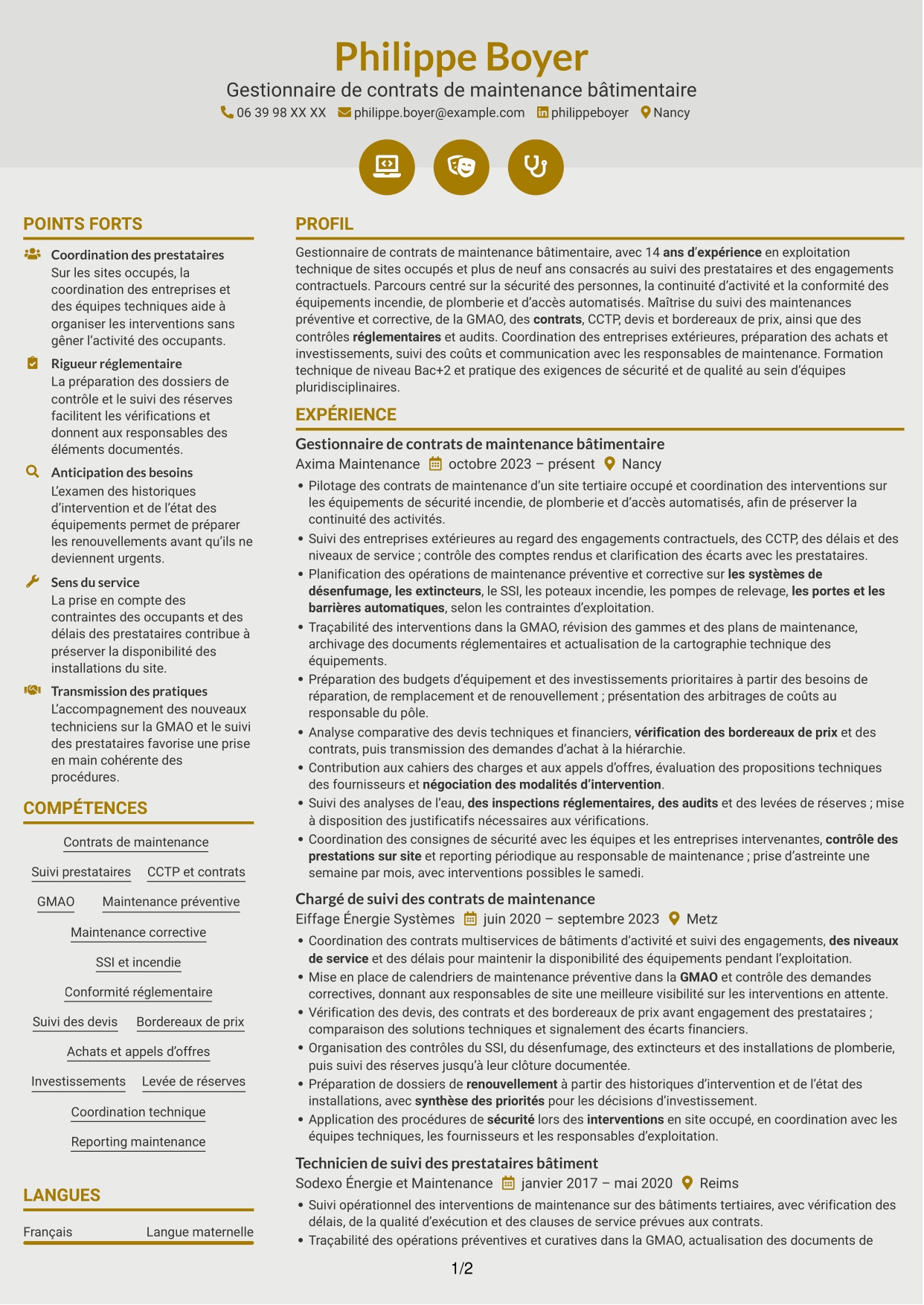 CV Dynamique (format à deux colonnes avec icônes) : Gestionnaire de contrats de maintenance des bâtiments, page 1