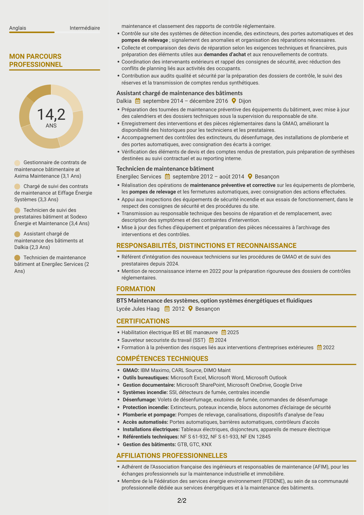 CV Dynamique (format à deux colonnes avec icônes) : Gestionnaire de contrats de maintenance des bâtiments, page 2