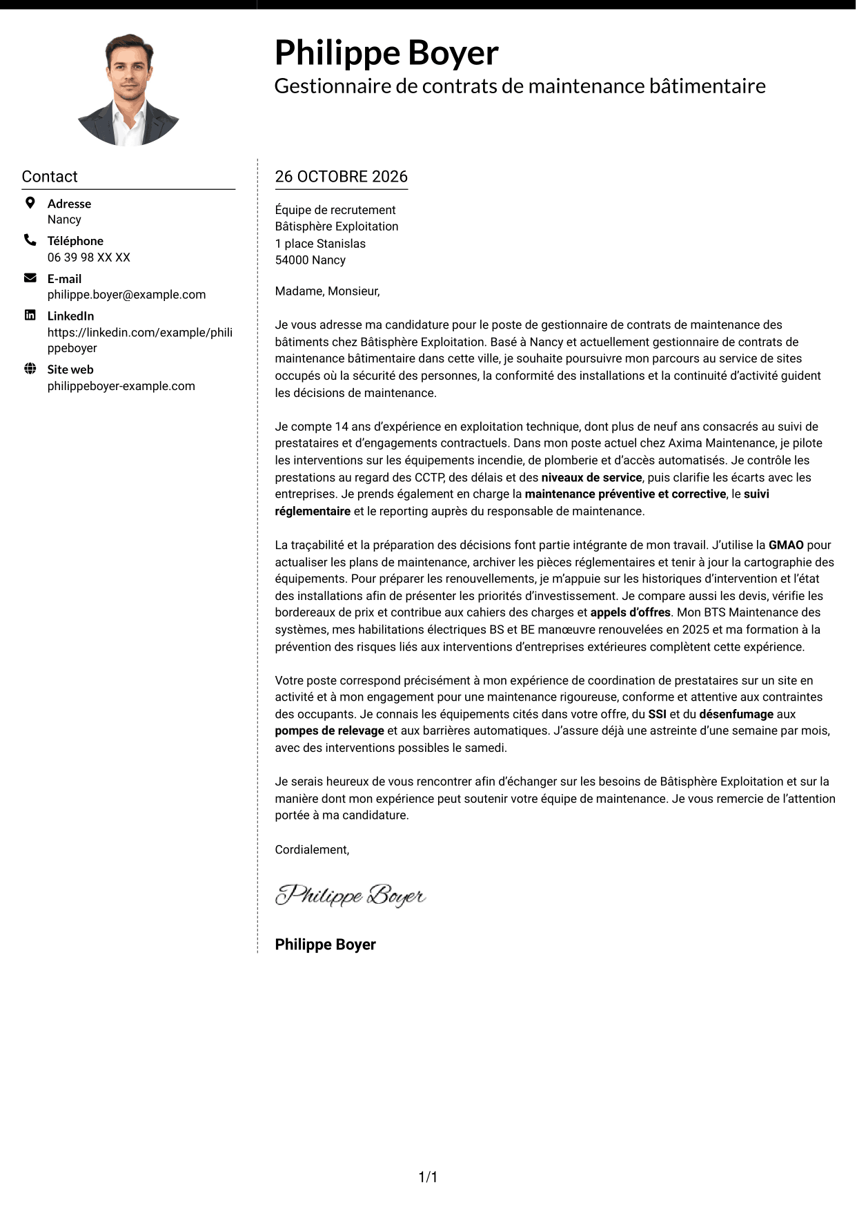 Lettre de motivation Moderne (format à deux colonnes avec photo à gauche et séparateur) : Gestionnaire de contrats de maintenance des bâtiments, page 1