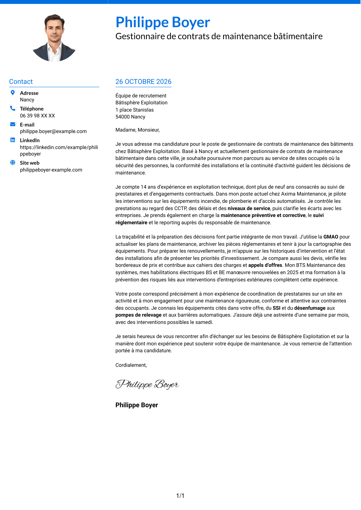 Lettre de motivation Audacieux (format à deux colonnes avec accents colorés et photo) : Gestionnaire de contrats de maintenance des bâtiments, page 1