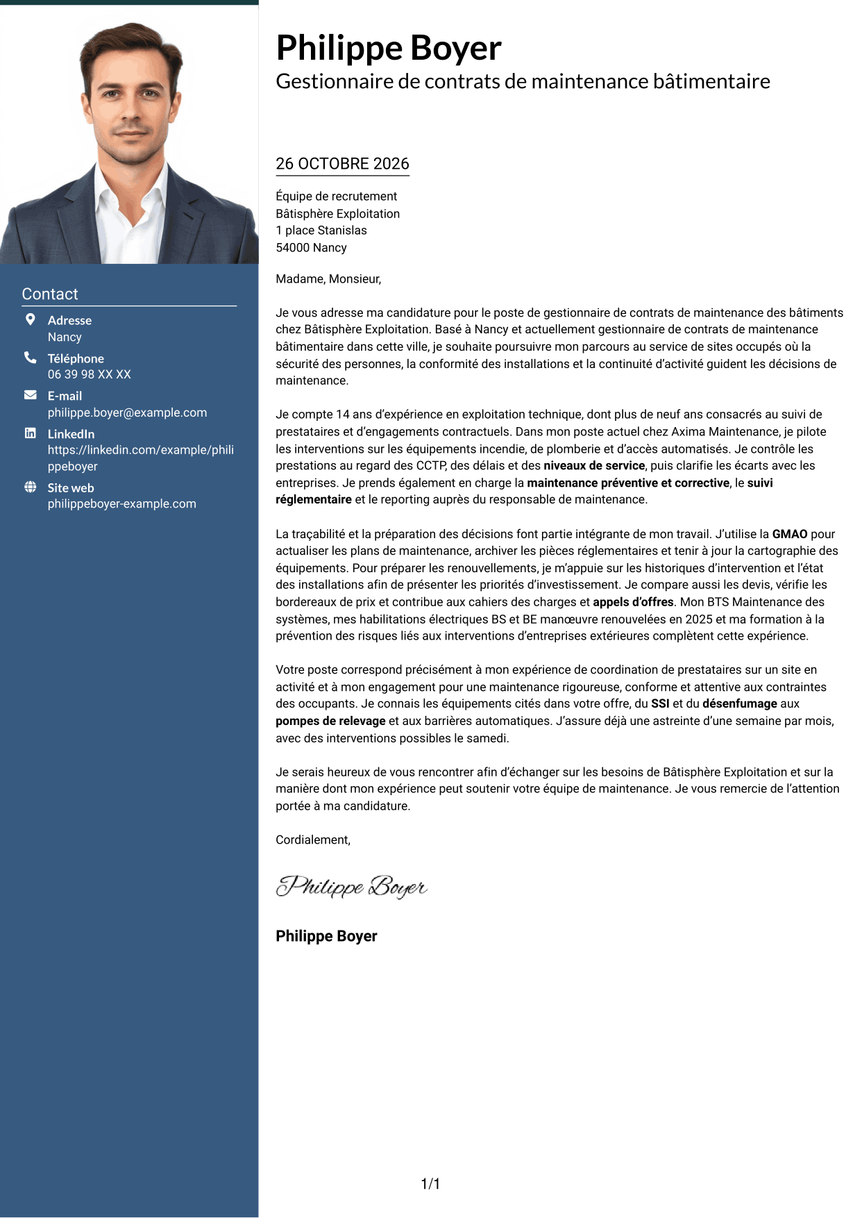 Lettre de motivation Signature (format à colonne latérale colorée avec grande photo) : Gestionnaire de contrats de maintenance des bâtiments, page 1