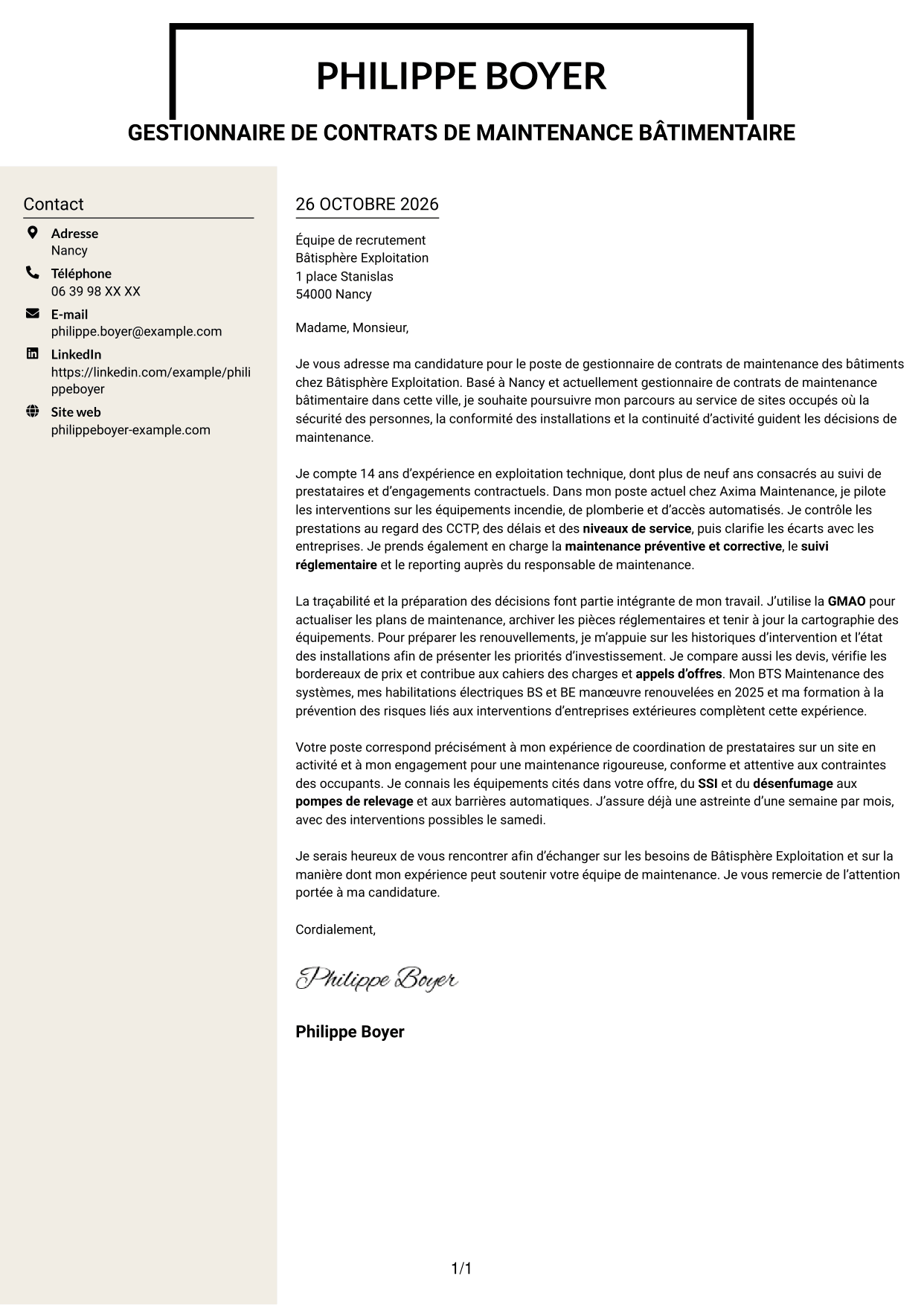 Lettre de motivation Fonceur (format à deux colonnes avec en-tête centré sans photo) : Gestionnaire de contrats de maintenance des bâtiments, page 1