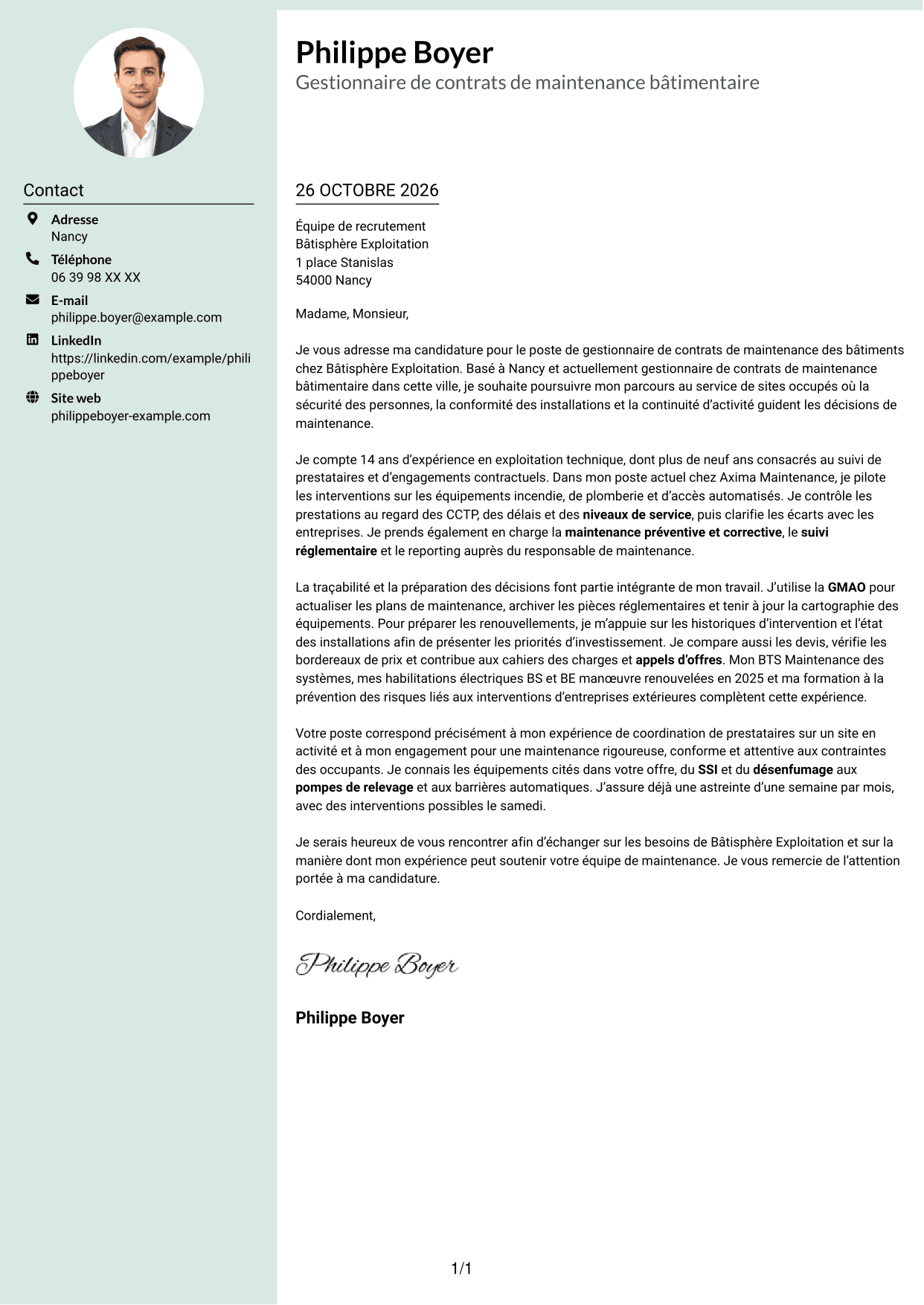 Lettre de motivation Cadre (format à colonne latérale douce avec photo arrondie) : Gestionnaire de contrats de maintenance des bâtiments, page 1