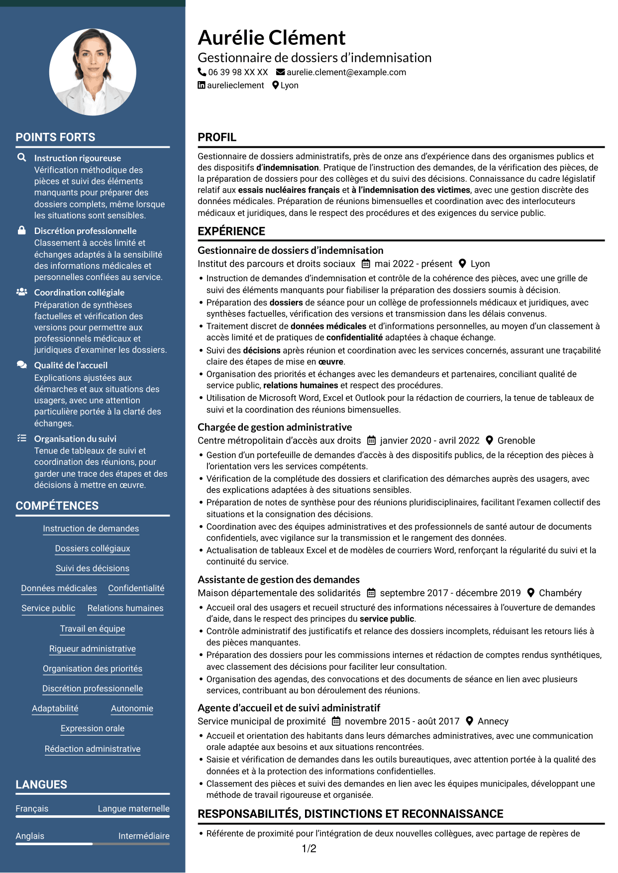 CV Élégant (format à colonne latérale colorée avec photo) : Gestionnaire de dossiers - Indemnisation des essais nucléaires, page 1