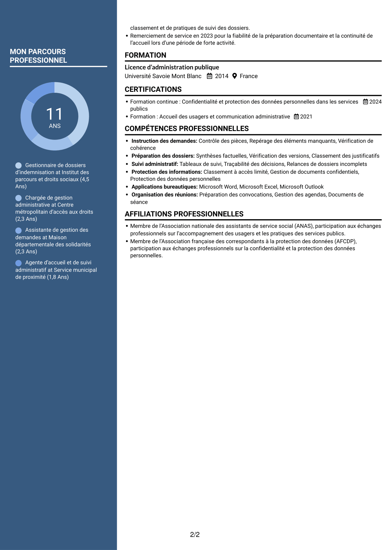 CV Élégant (format à colonne latérale colorée avec photo) : Gestionnaire de dossiers - Indemnisation des essais nucléaires, page 2