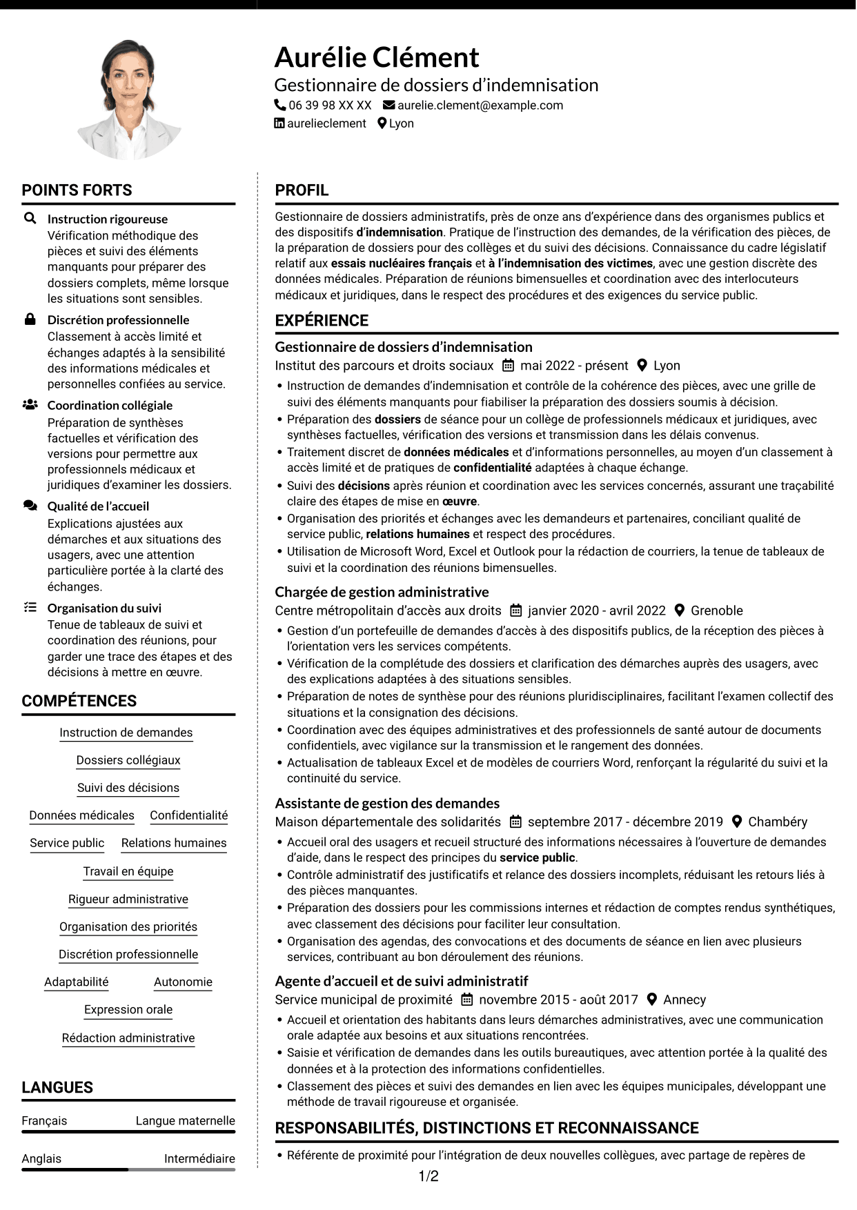 CV Moderne (format à deux colonnes avec photo à gauche et séparateur) : Gestionnaire de dossiers - Indemnisation des essais nucléaires, page 1