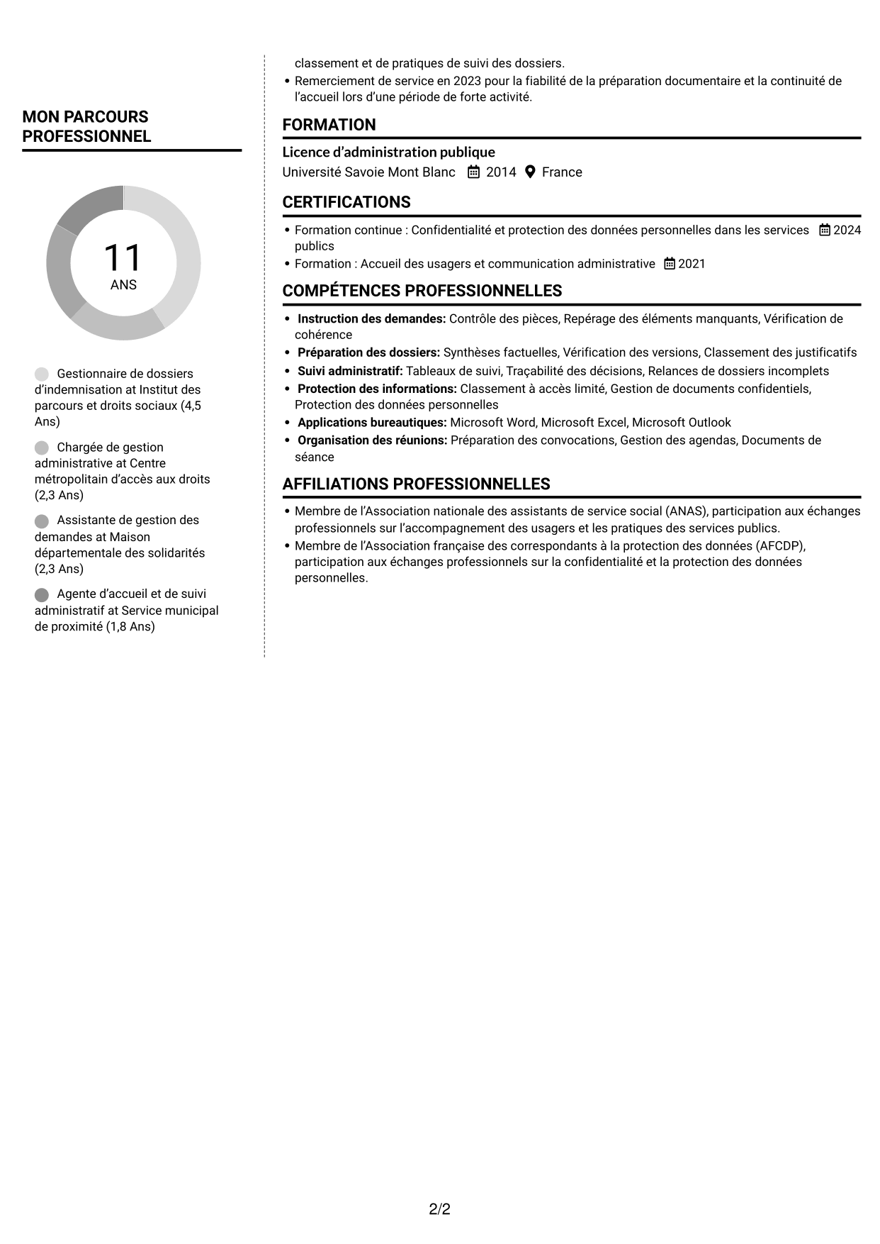 CV Moderne (format à deux colonnes avec photo à gauche et séparateur) : Gestionnaire de dossiers - Indemnisation des essais nucléaires, page 2